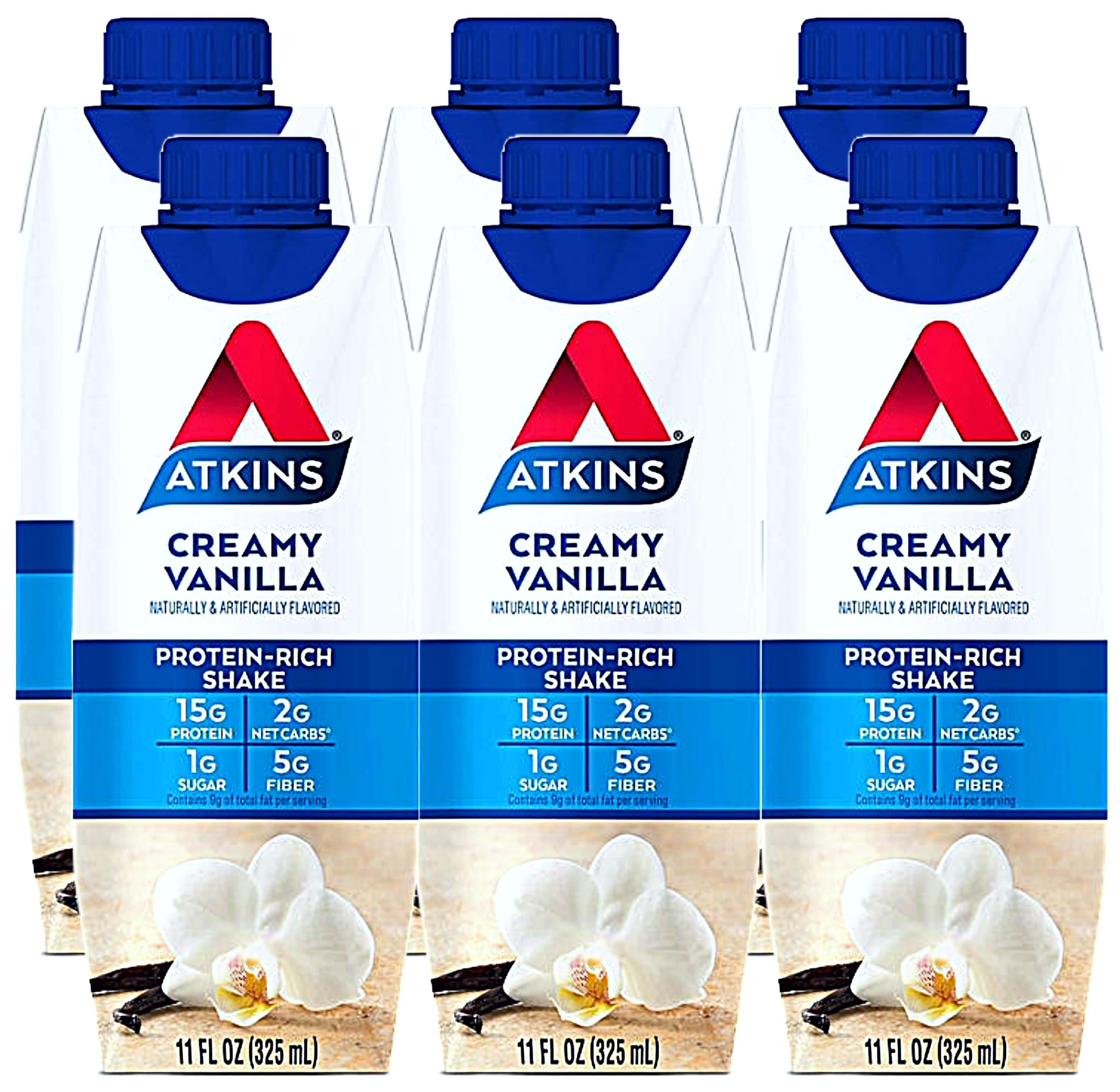 Atkins Protein Shake | Assortment of Vanilla, Strawberry, Café Au Lait & Caramel, Chocolate On-The-Go 11 Fl oz Bottles | 15g of Protein, Low Glycemic, 2g Net Carb, 1g Sugar, Keto Friendly | Pack of 7 (Creamy Vanilla) | Packaged with One Can of Water to Help you stay Hydrated - Limited Edition