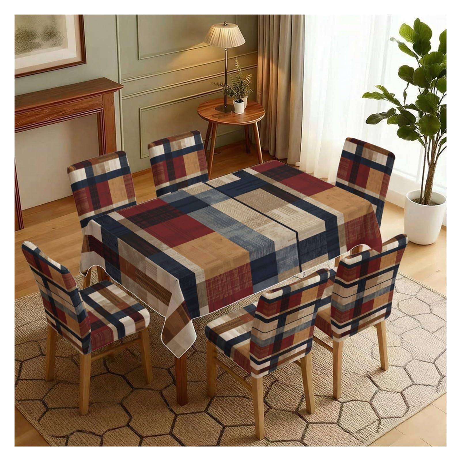 Nappe et housses de chaise 7pcs linge de table carreaux vintage déco rustique salon