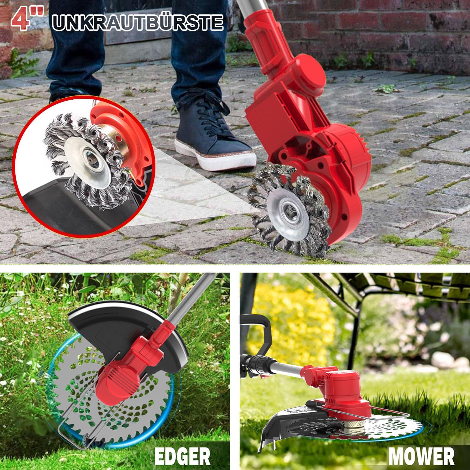 Rasentrimmer mit Akku,Akku Rasentrimmer für Makita-Akkus,21V Freischneider mit 2 Stück 4,0Ah Akkus & Ladegerät,4-In-1 Rasentrimmer mit UnkrautbüRste,für Rasen, Rasenkanten & Unkraut,Rot