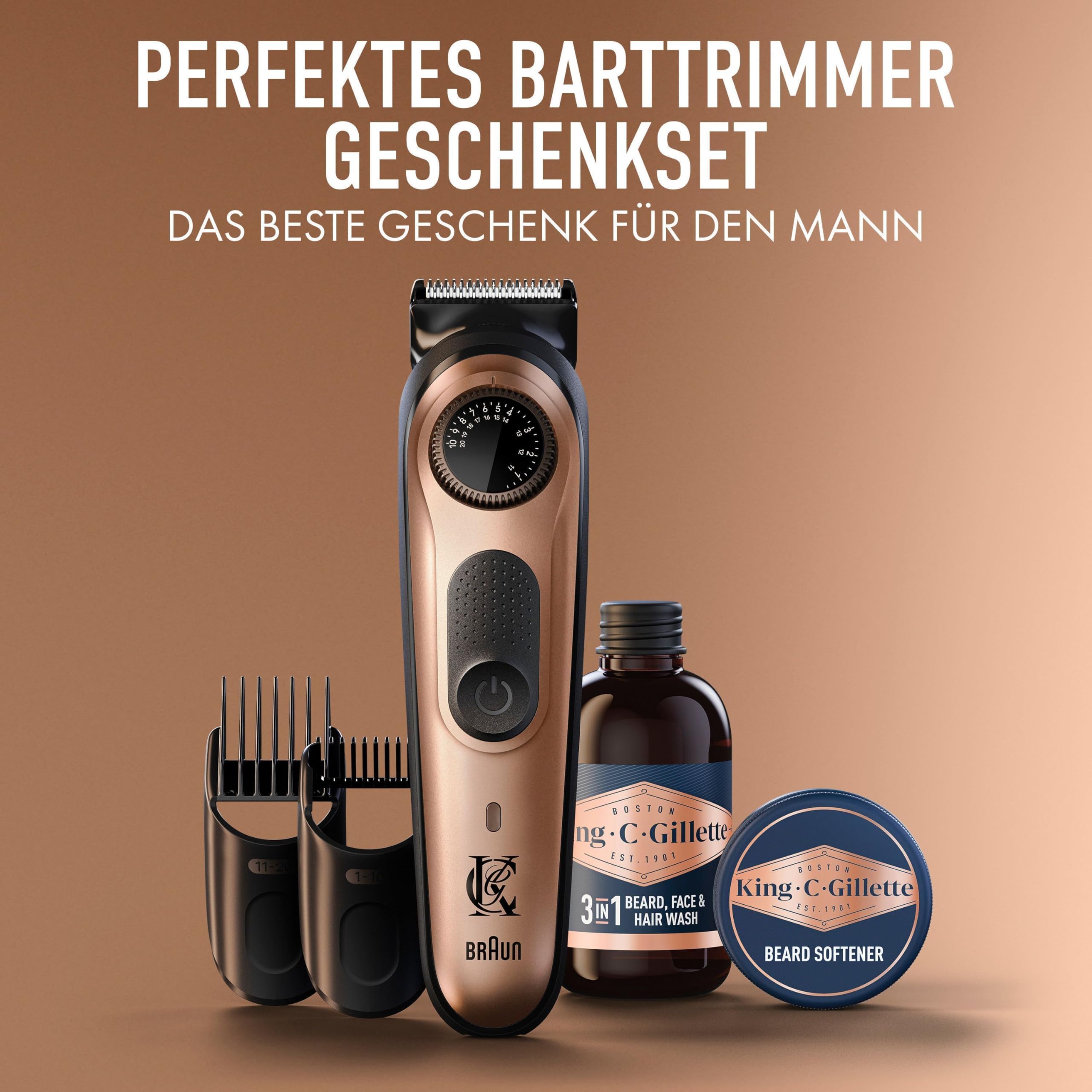 King C. Gillette Barttrimmer Pro, Geschenkset, Kupfer - Bartschneider Herren, Trimmer mit Präzisionsrad für 40 Längen, Kabelloser Bart Rasierer, Inkl. Bartshampoo 60ml + Bartbalsam 25ml