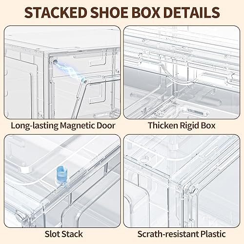 Miniatura 5 de Paquete de 6 organizadores de almacenamiento de zapatos apilables y transparentes de plástico duro grueso y resistente, para armario, caja de