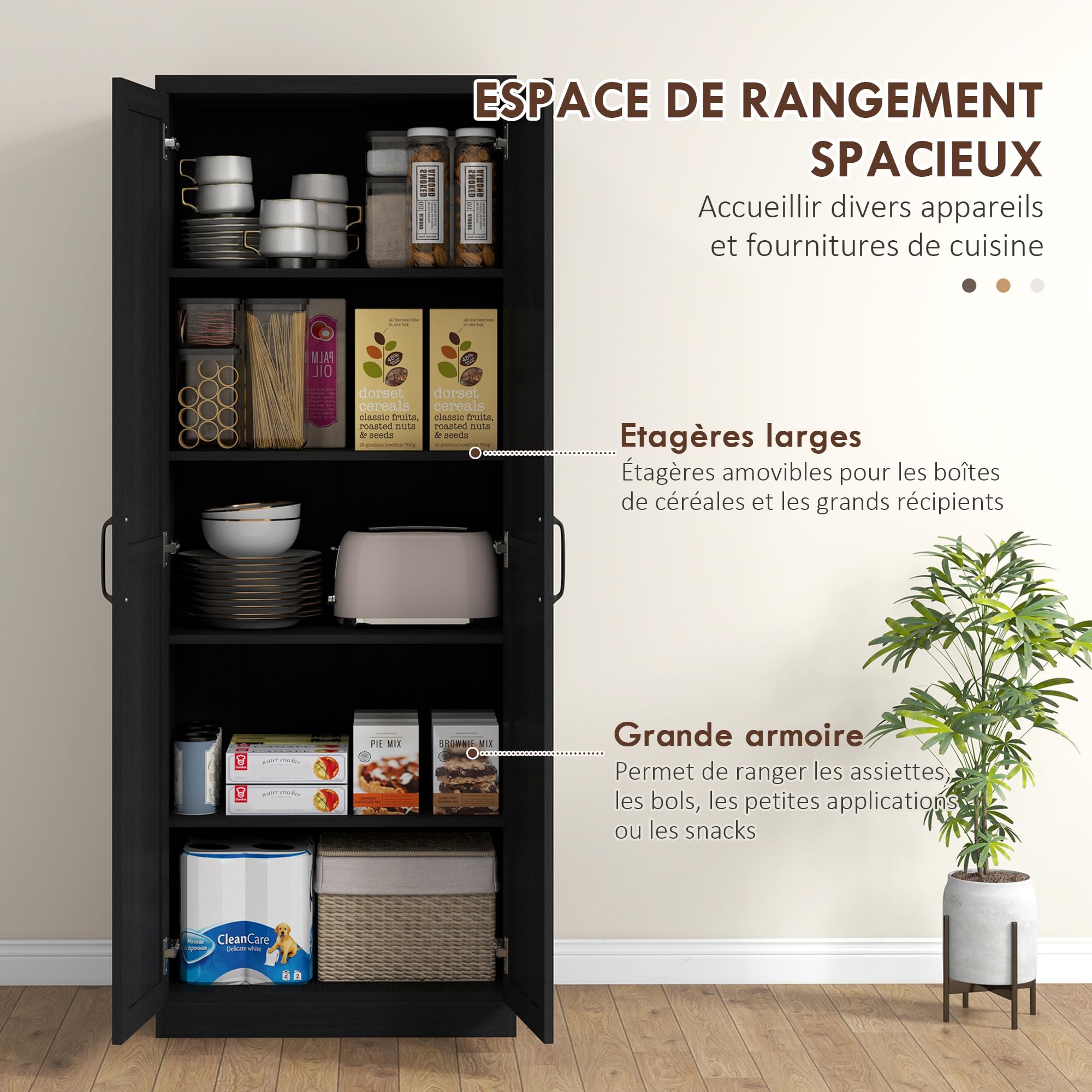 HOMCOM Buffet Cuisine Meuble de Rangement Cuisine 60 x 40 x 160 cm Noir | Vaisselier Moderne, Double Porte, 2 Étagères Réglables, Salle à Manger, Salon