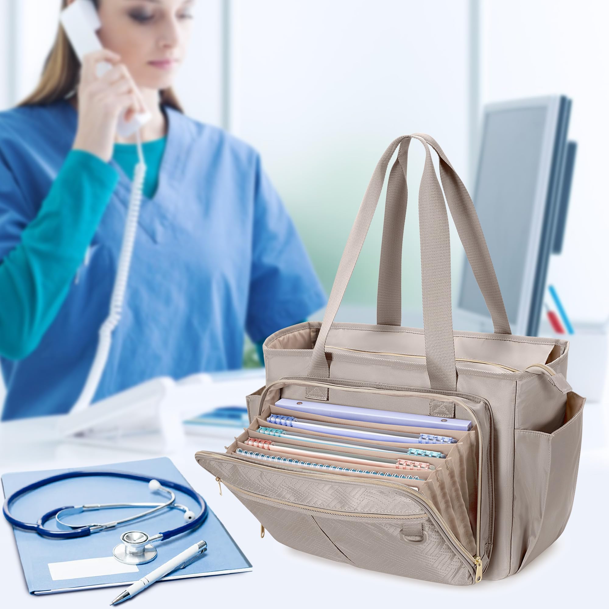 Krankenschwester Tragetasche für Frauen, Krankenpflege-Kliniktasche mit Akkordeon-Ordner, Krankenschwester Zubehör für die Arbeit und die häusliche Krankenpflege, Kamel