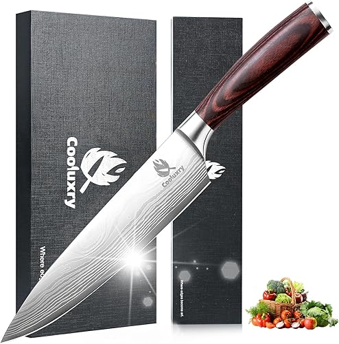 Cuchillo de chef profesional Cuchillo de cocina de acero inoxidable de alto carbono de 8 pulgadas con mango ergonómico de madera de Pakka para un