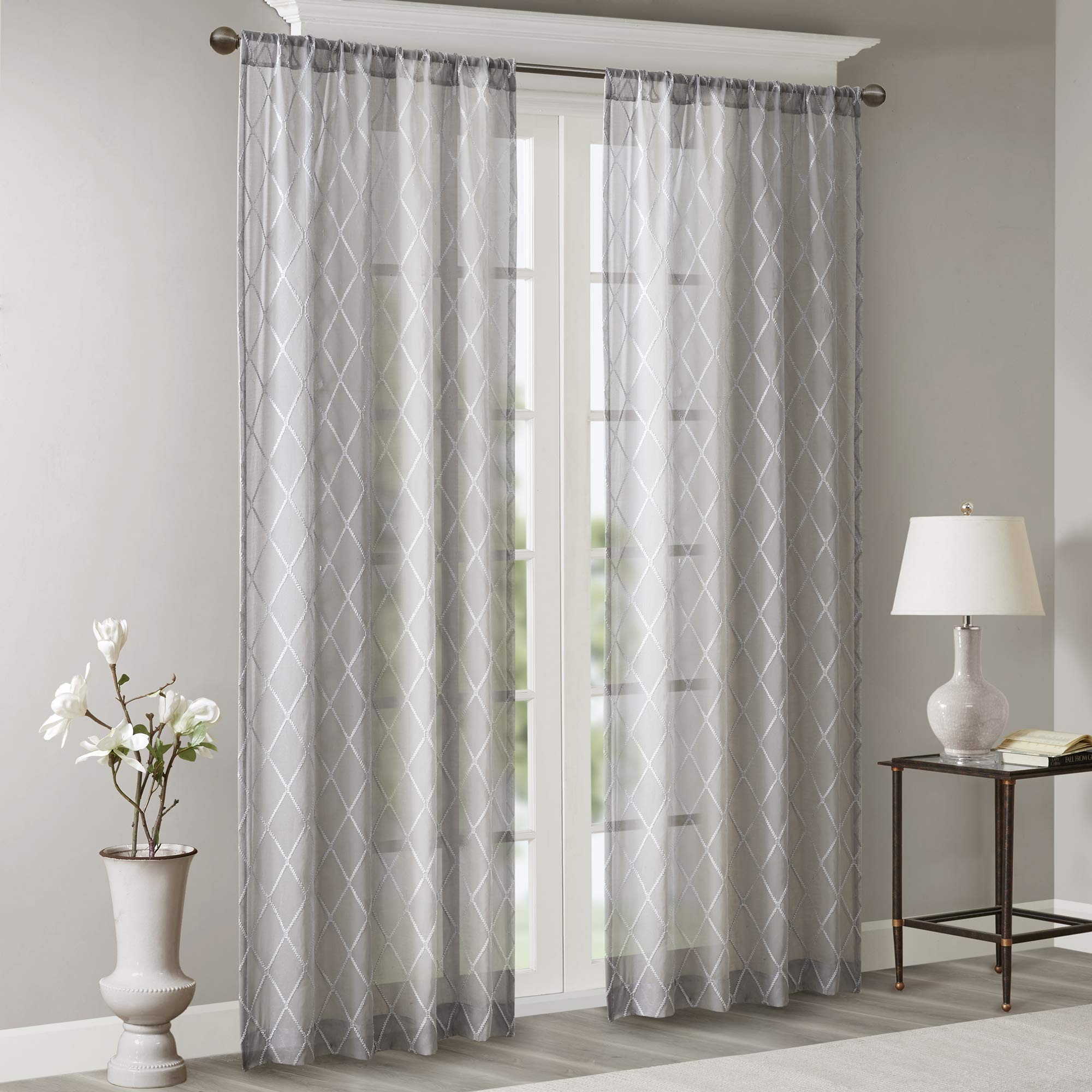 Madison Park Embroidered Kitchen, Transitional Fabric Sheers Single Curtain for Living Room 1-Panel Pack, Polyester, Grey - Image 2