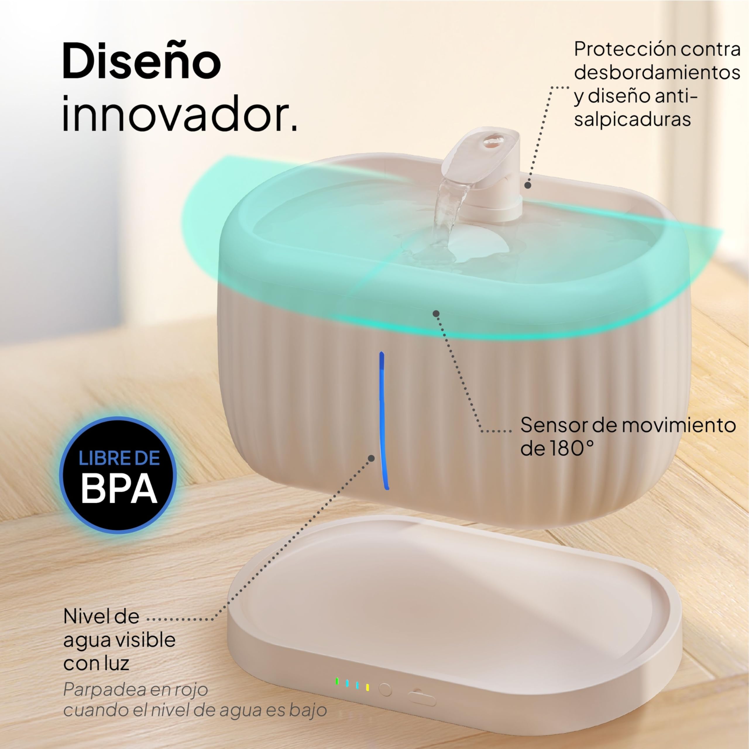 Pretty Paw Fuente de Agua para Gatos Inalámbrica 3L con Sensor de Movimiento - Batería Recargable USB, Bomba Silenciosa, Filtro Integrado - Pure Flow MAX (Beige)