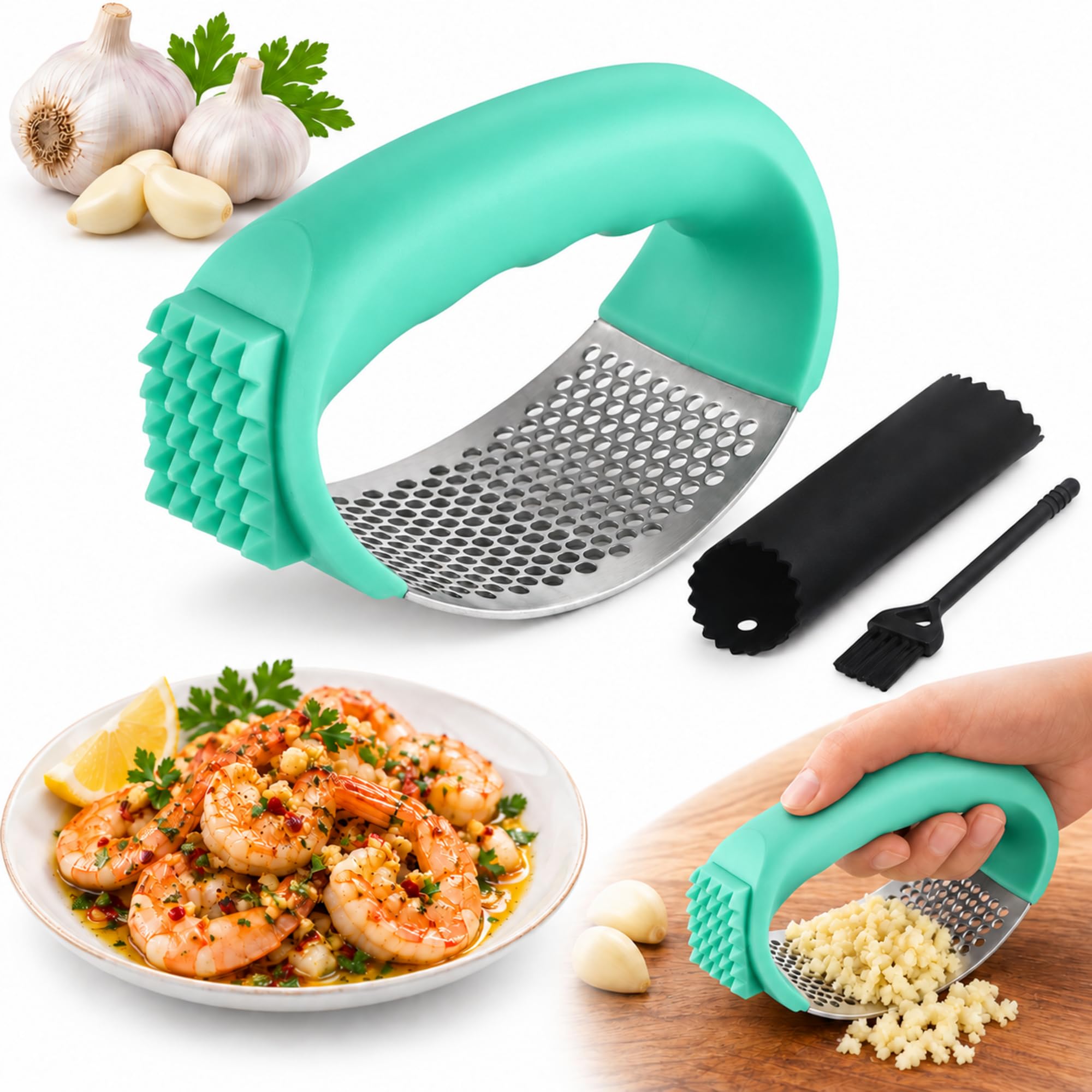 Garlic Press Rocker, 304 Stainless Steel Crusher Set, 3-Piece,Green | Manual garlic mincer with ABS handle, garlic peeler and cleaning brush for crushing cloves and ginger in home kitchens