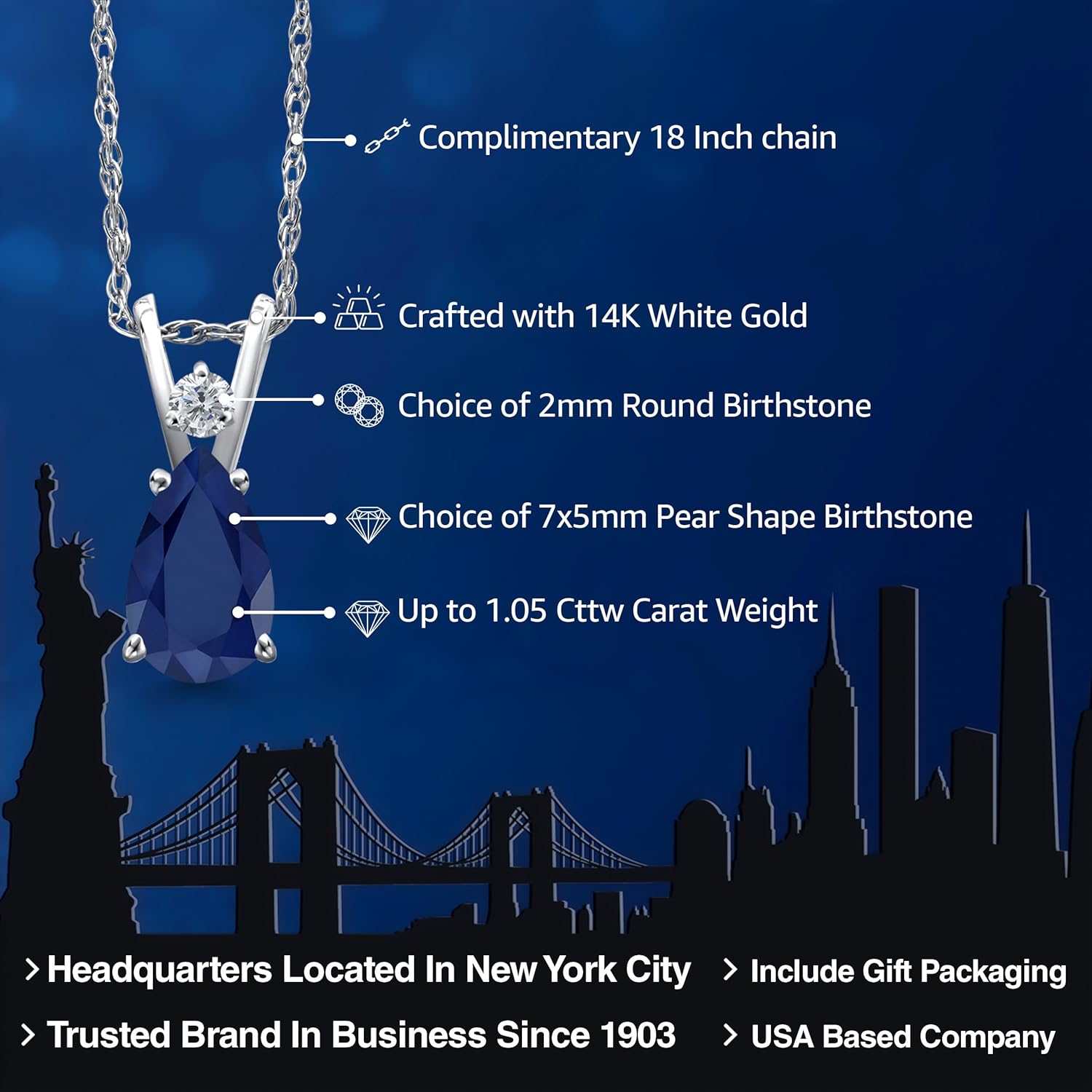 Gem Stone King 14K White Gold Customized and Personalized Pear Shape 7X5MM and Round 2MM Gemstone Birthstone Teardrop Pendant Necklace For Women With 18 Inch Chain - Image 2