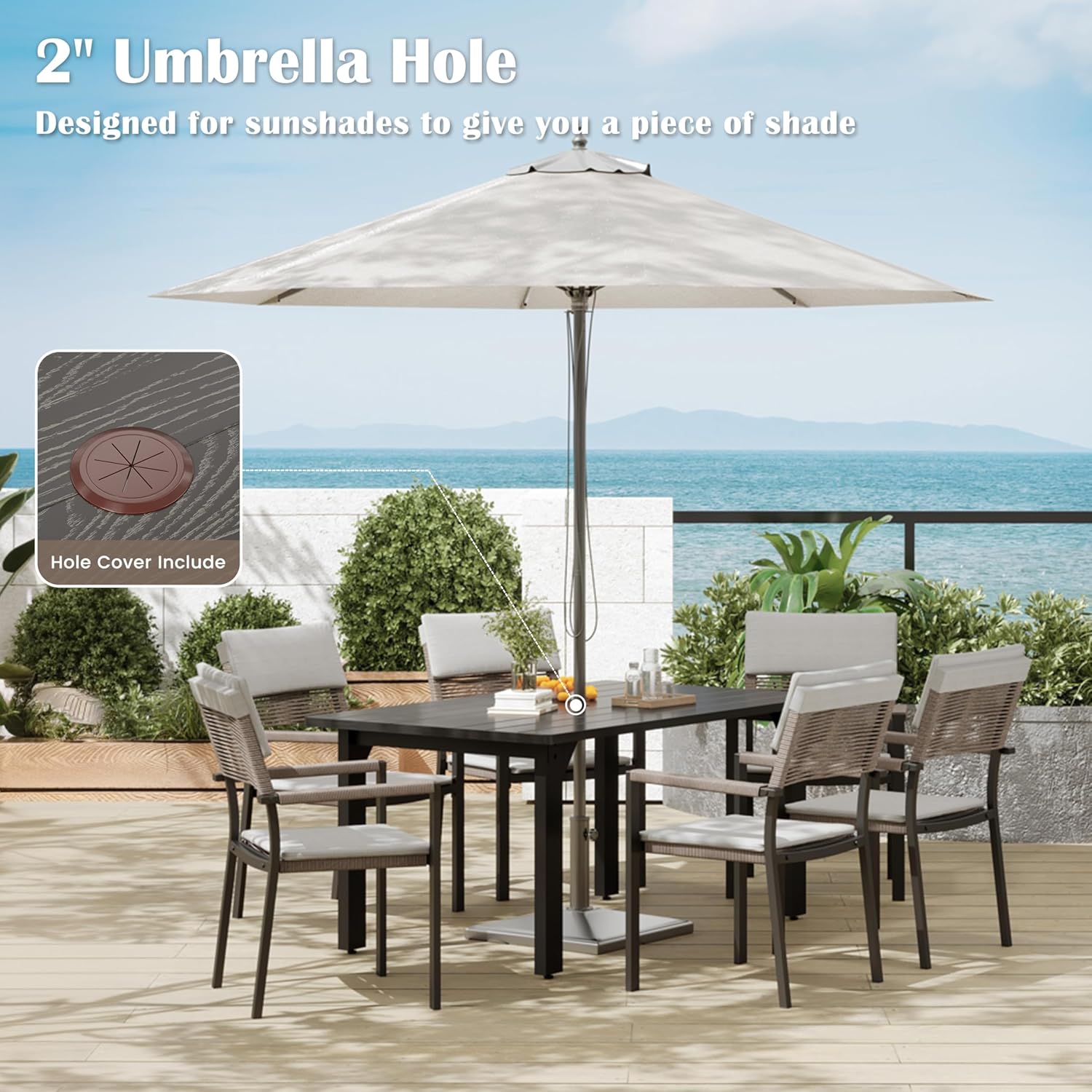 Sundale Outdoor Patio Dining Table for 6, 60 inch Metal Outdoor Table with Wooden-Like Top, Rectangular Tables with Umbrella Hole for Backyard Yawn Garden, Dark Gray