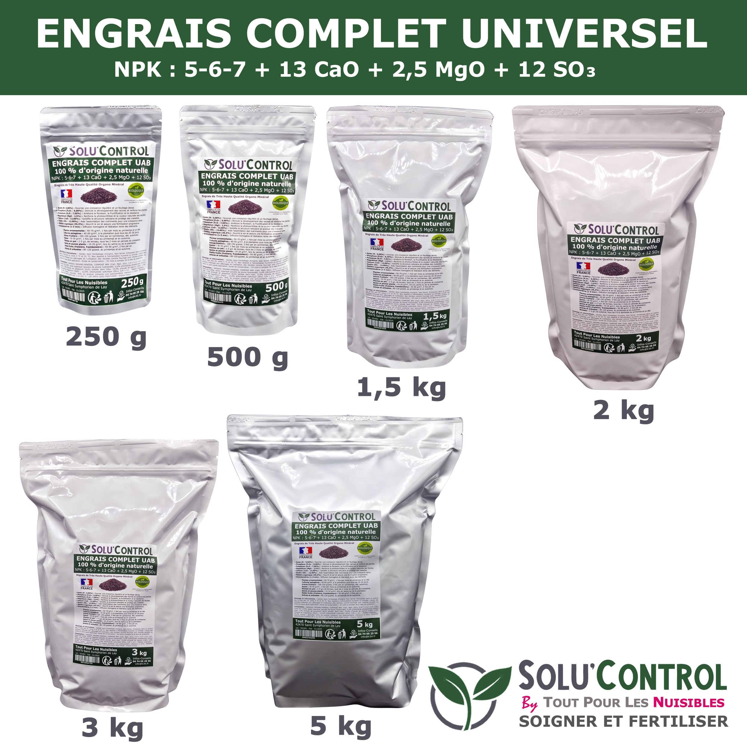 5 kg d'ENGRAIS COMPLET universel et équilibré - SoluControl - UAB - Utilisable en Agriculture BIOLOGIQUE