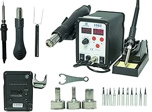 2-in-1 SMD Hot Air Rework Station &amp; Soldering Iron w/ 11 Tips, 3 Nozzles LED Screen Professional 898D Yihua