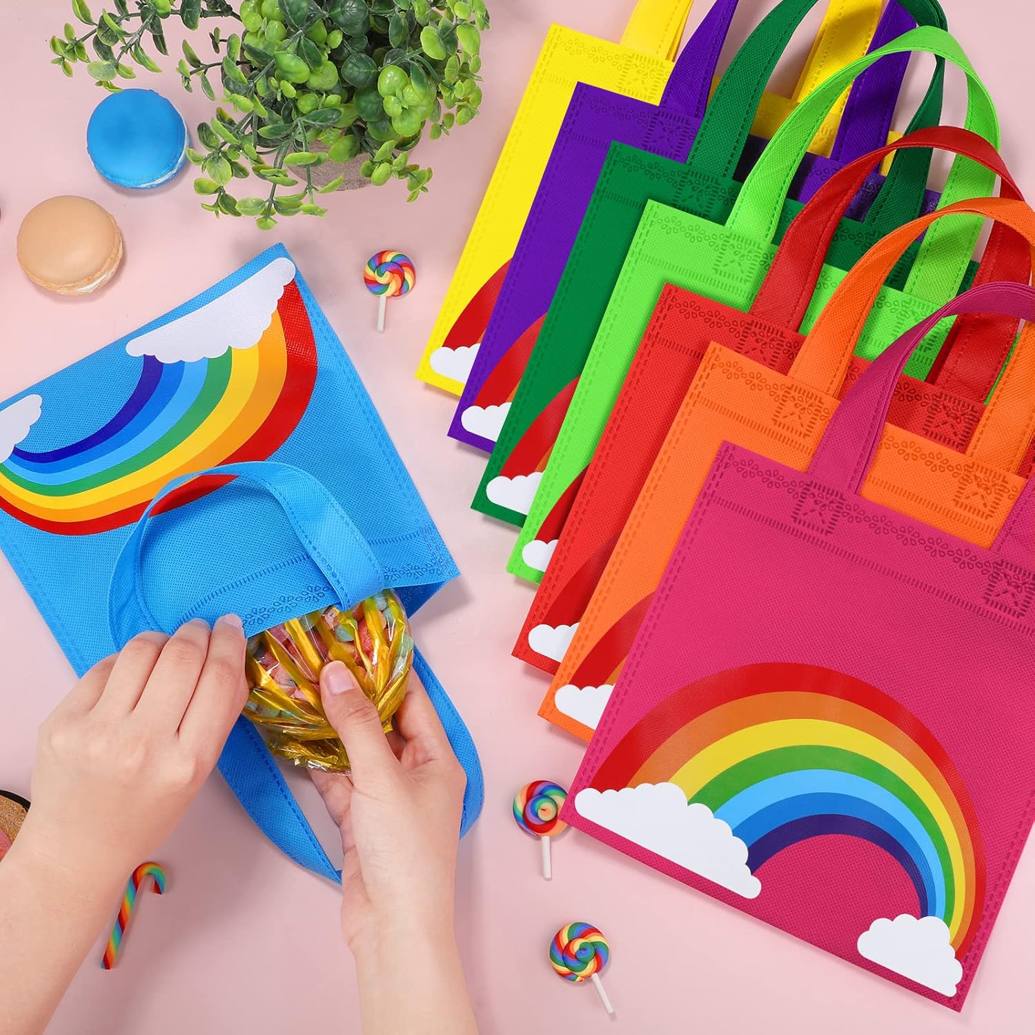 MIMIND 24 Pack Rainbow Non-woven Party Favor Bags 7.9×7.9 Inch Rainbow Gift Bag Reusable GoodieTreat Bags with Handles for Birthday Party - Image 5