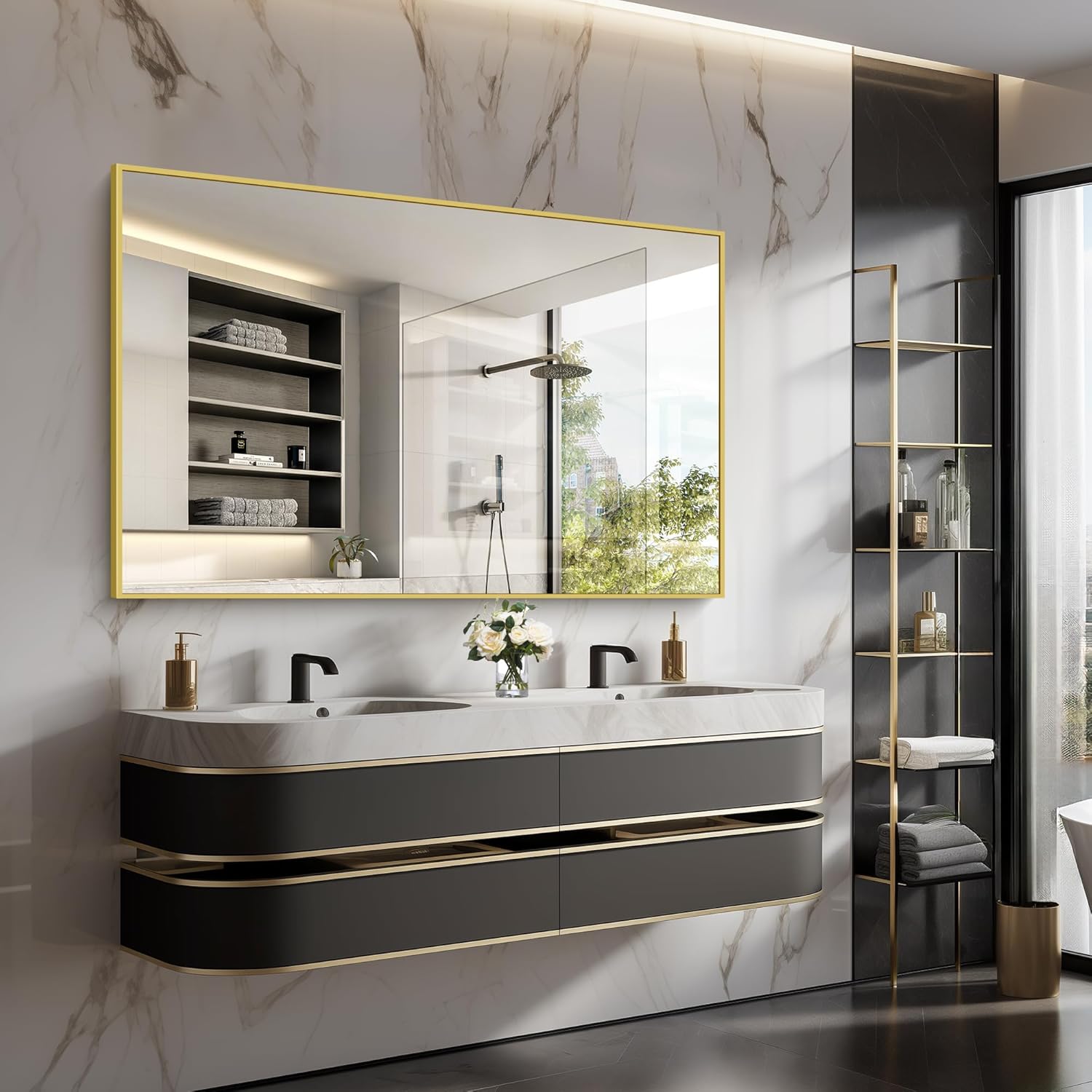 Gold Bathroom Mirror for Wall, 60x36 Inch Rectangle Mirrors with Metal Frame, Modern Vanity Wall Mirror Decor for Bathroom Living Room, Entryway Hangs Horizontal or Vertical - Image 8