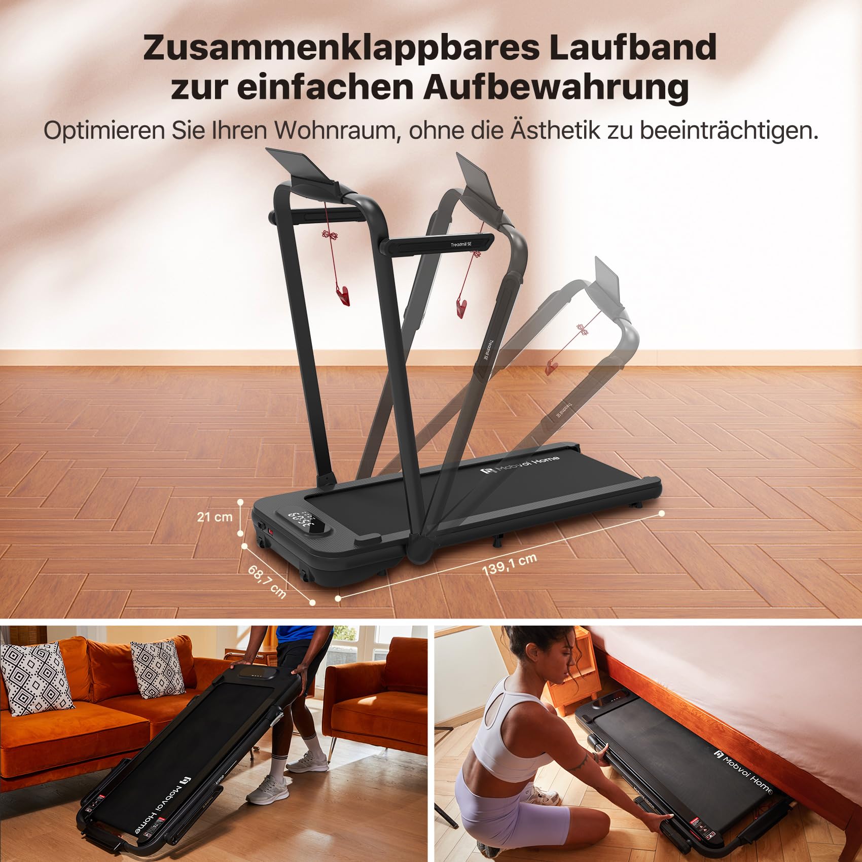 Mobvoi Home Laufband SE, Intelligente KI 3-in-1-Klapplaufband, elektrisches Laufband, 2,5 PS, kompakt tragbar unter dem Schreibtisch, 12 km/h, Fernbedienung, platzsparend, TicSports APP, 120 kg