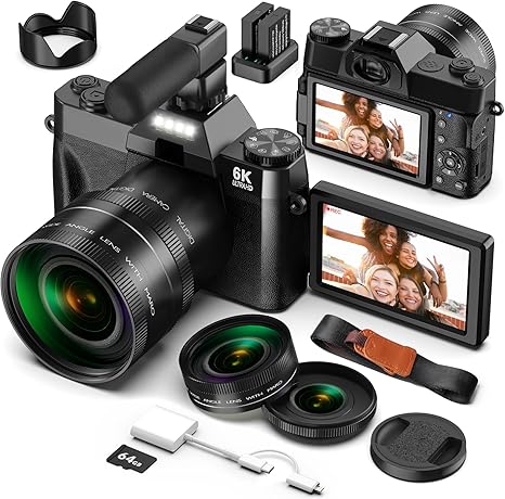 Digital Camera 6K 64MP Camera Photo Cameras with WiFi, 64GB TF Card, Microphone, Auto Focus, 16X Zoom, 180° Folding Display for Selfies, Compact Camera for YouTube, Beginners, Macro and Wide Angle