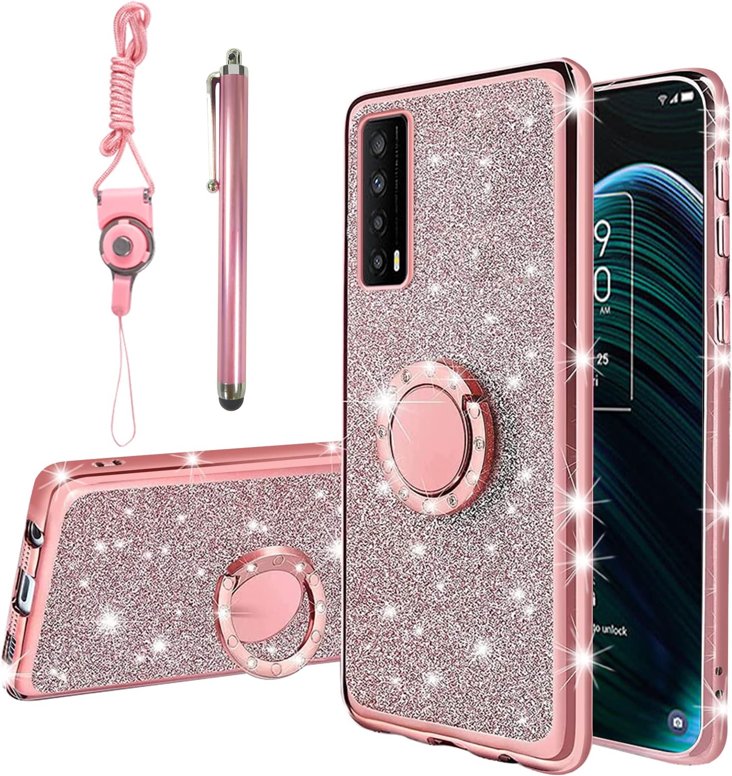 KuDiNifor TCL Stylus 5g Phone Case, TCL Stylus 5g Case for Women Girls Glitter Crystal Soft Clear TPU Luxury Bling Cute Protective Cover with Kickstand Strap for TCL Stylus 5g (Glitter Rose)