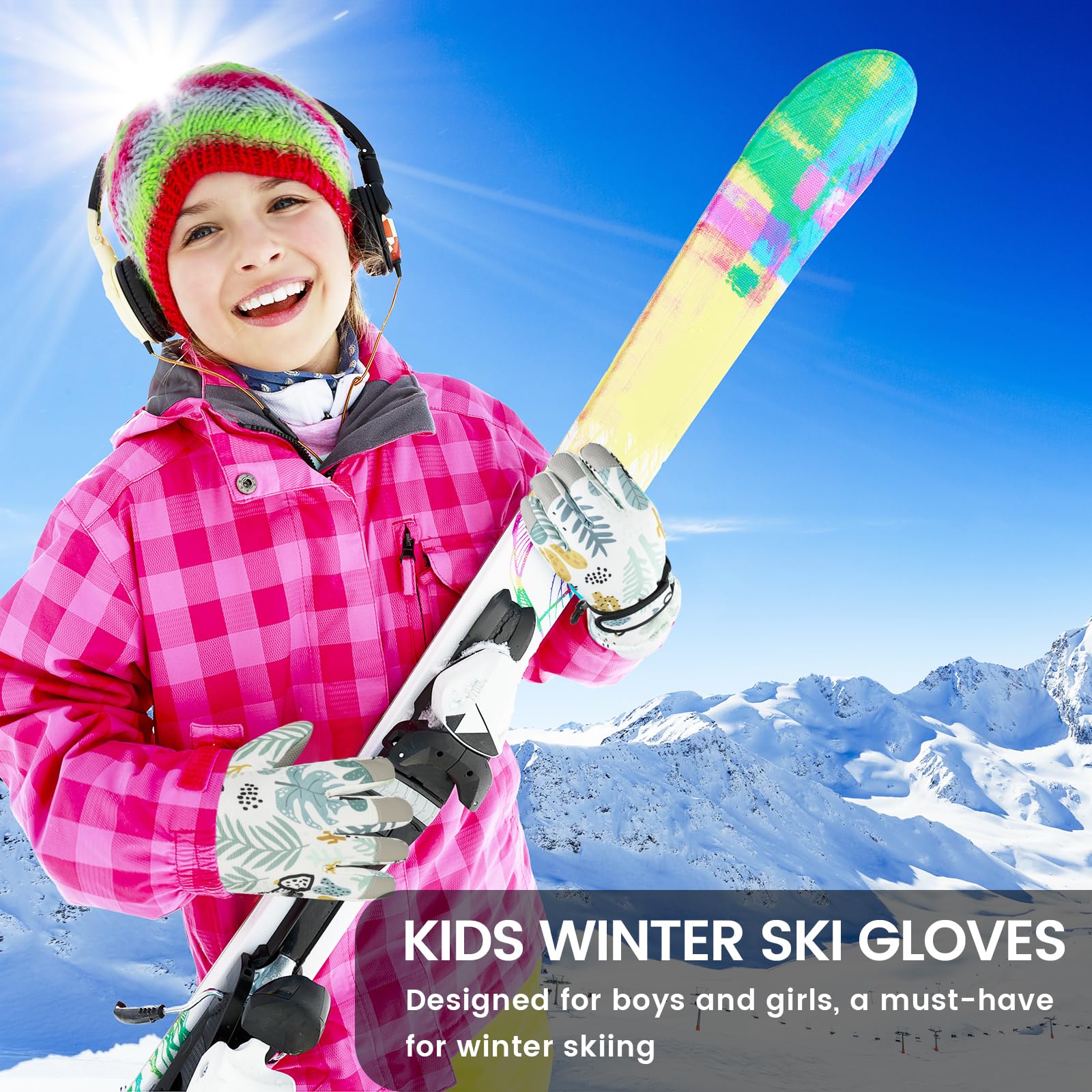 QKURT Guantes de Esquí para Niños, Guantes de Esquí Térmicos de Invierno para Niños, Manoplas a Prueba de Viento para Nieve, Guantes de Trineo para Patinaje en Clima frío para Niños y Niñas