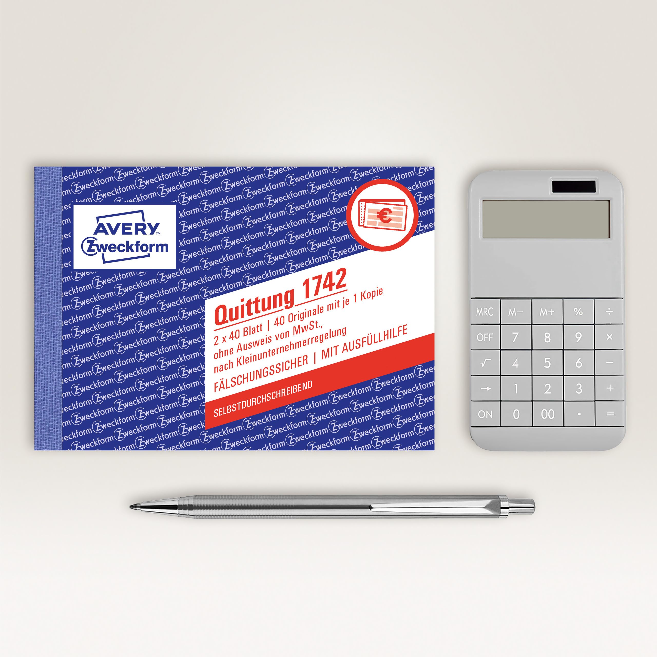AVERY Zweckform 1742-10 Quittungsblock Kleinunternehmer (A6 quer, 2x40 Blatt mit Durchschlag, fälschungssicher, ohne MwSt. für DE/AT, nach Kleinunternehmerregelung) 10er-Pack, weiß/gelb