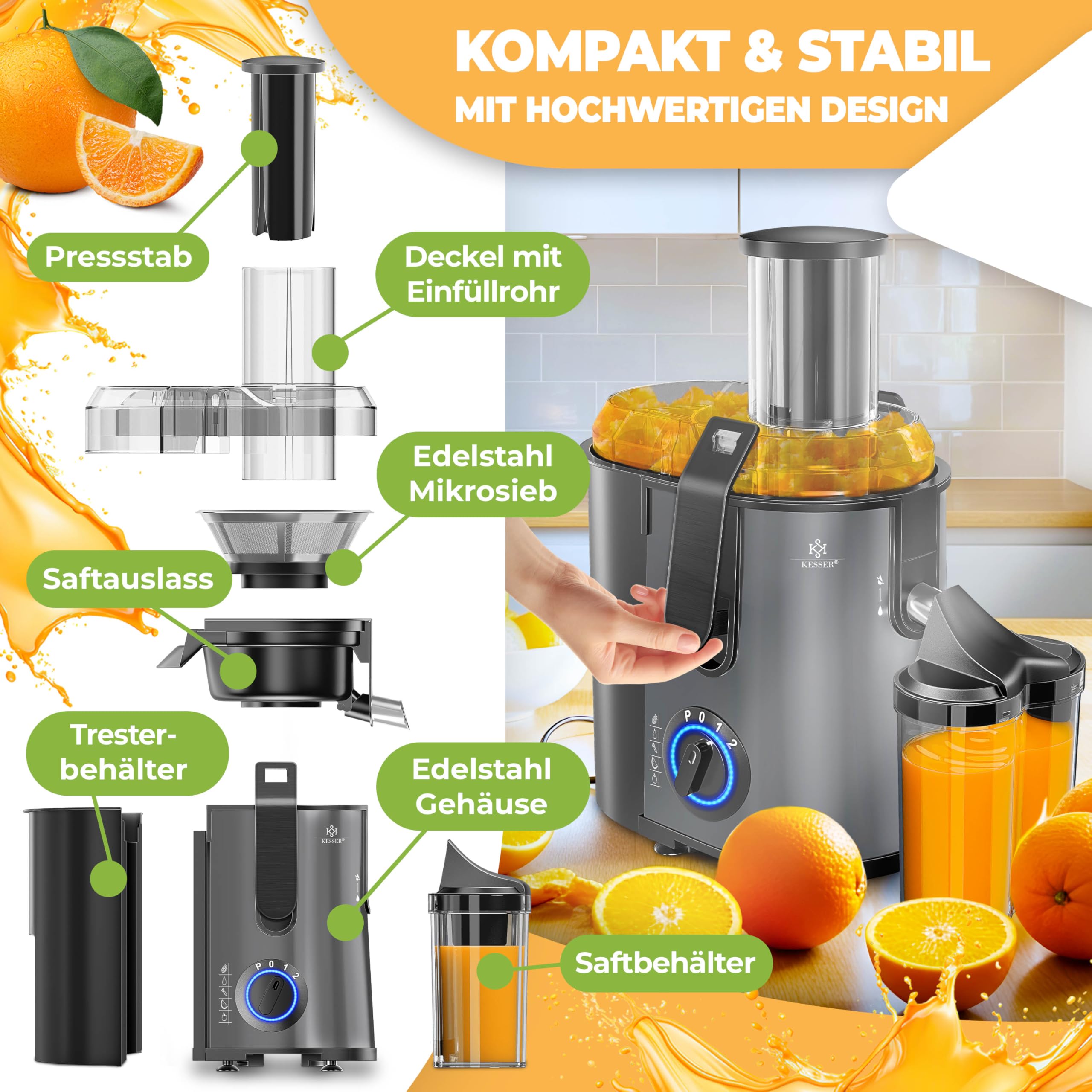 KESSER® Extracteur de Jus Fruits Légumes en Acier Inoxydable 1100W Grand Tube d'alimentation 3 Niveaux Presse-Juices Electrique Presse-Juice + Brosse, Porte-Juis, Livre de Recettes, Anthracite