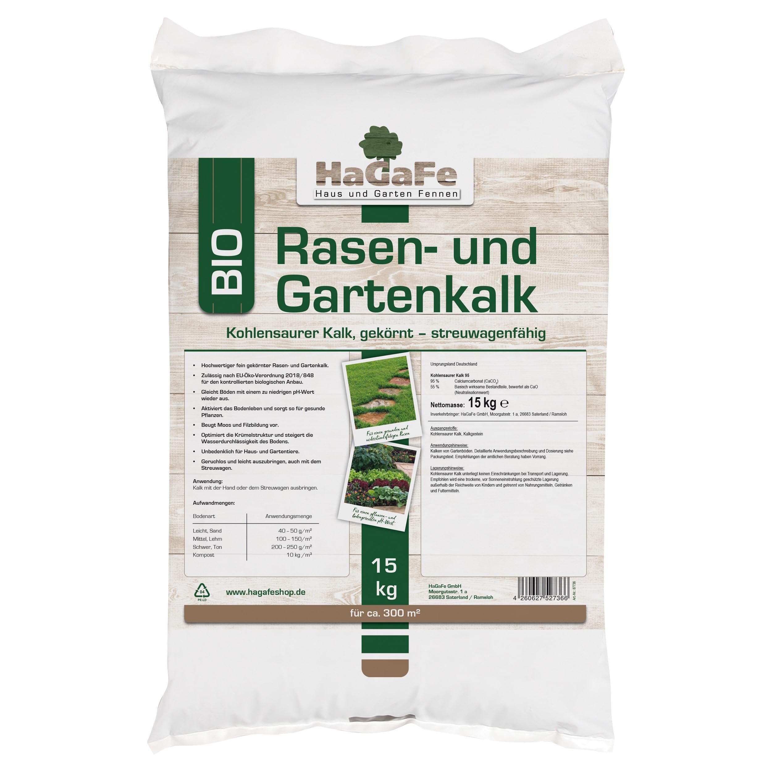 HaGaFe Bio Rasenkalk, Gartenkalk, Kalk, Düngekalk gegen Moos, Filz und Pilze im Rasen, fein gekörnt und staubarm, Gewicht: 15 Kg Für 300 M²