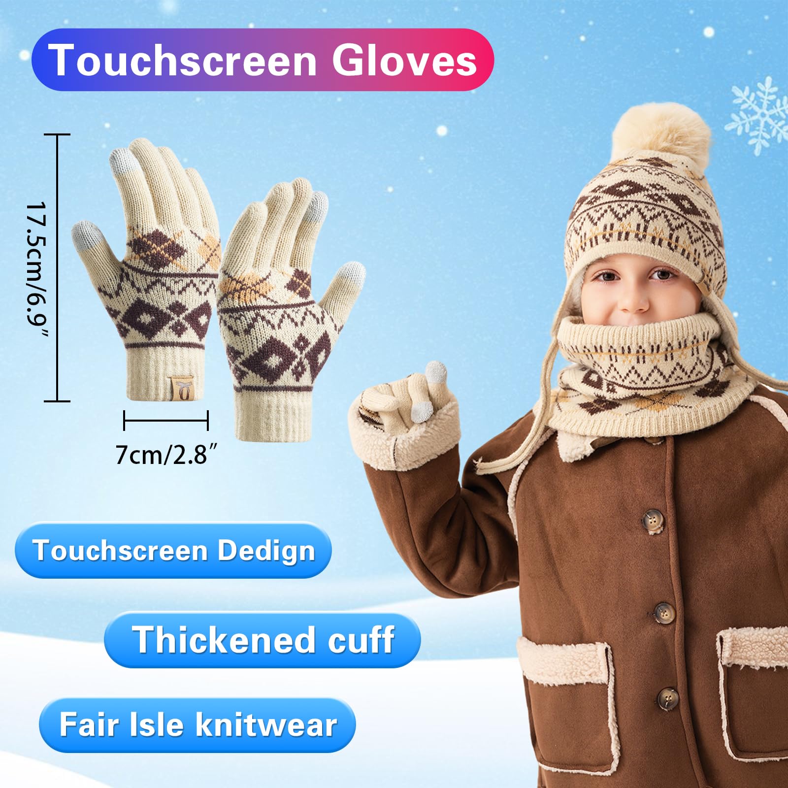 Juego de 3 piezas de invierno para niños con forro polar y gorra, polaina para el cuello, guantes para 3-8 años con pompón, cálidos, pantalla táctil, nieve, escuela, uso al aire libre