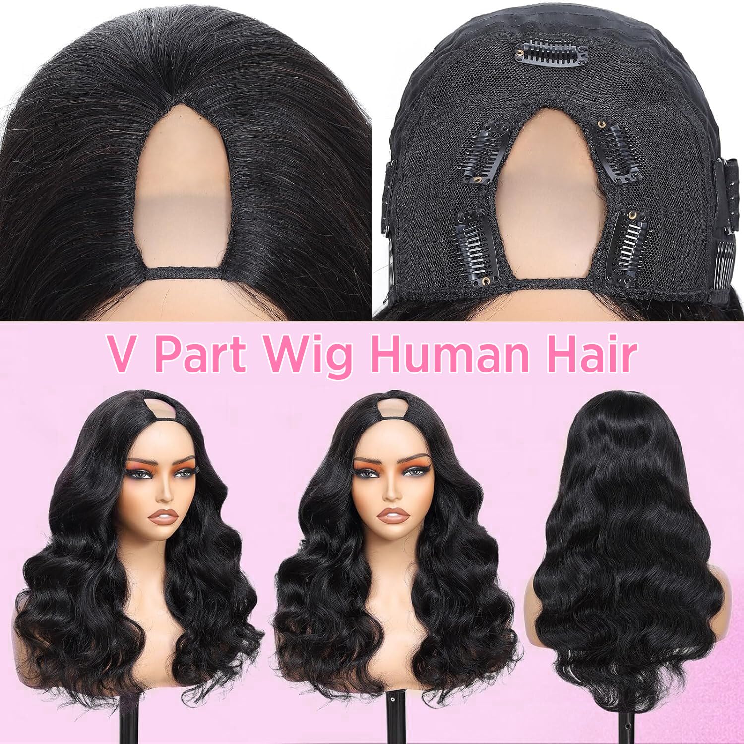 V Part Wig Human Hair Body Wave Perruque pour femme Cheveux naturels sans colle 180% Density Full Head Clip Upgrade Non Lace Front Perruques cheveux humains 16inch