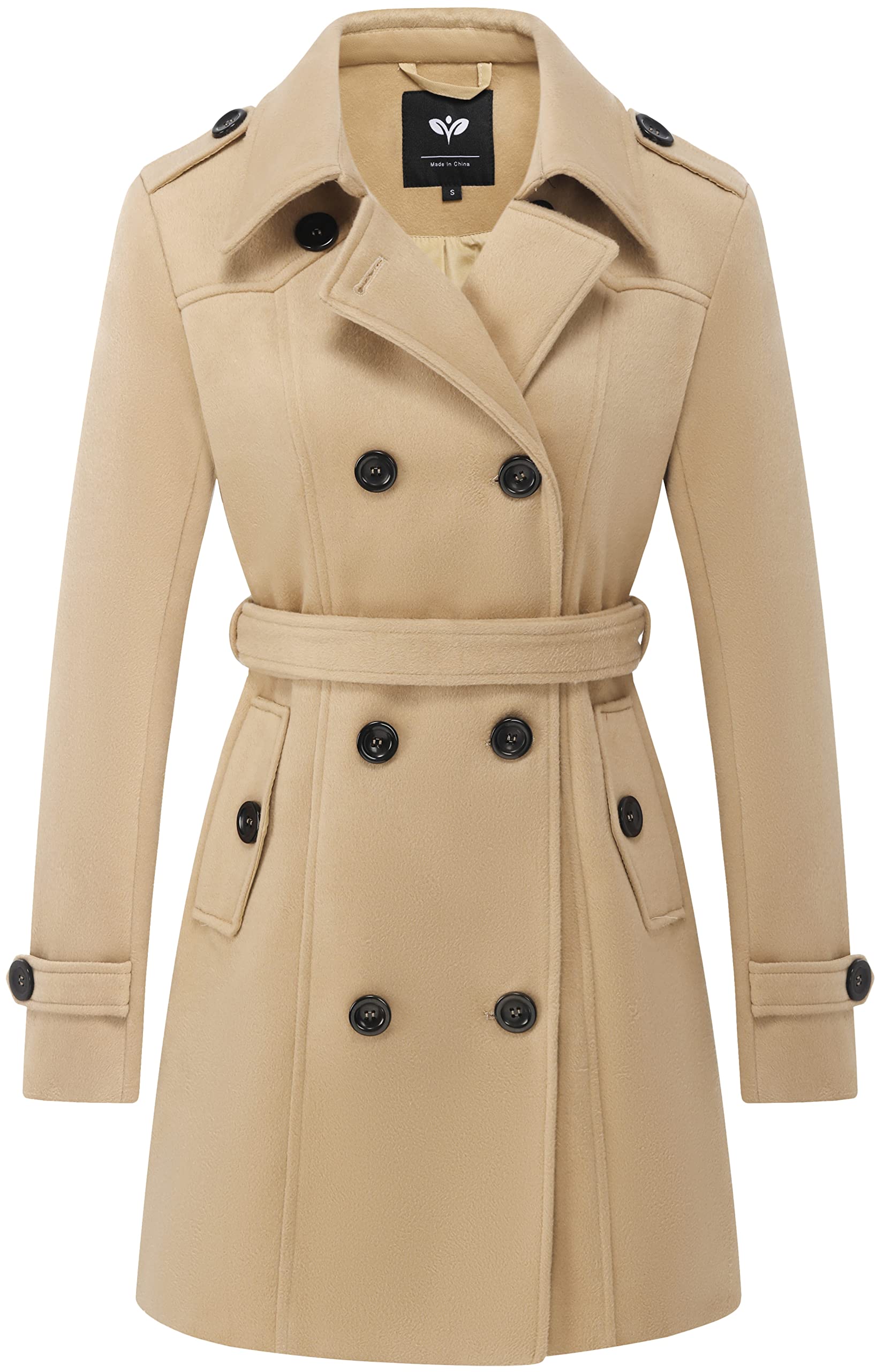 GGleaf Womens Double Breasted Pea Coat Slim Winter Mid-Long Trench Coat with Long Belt