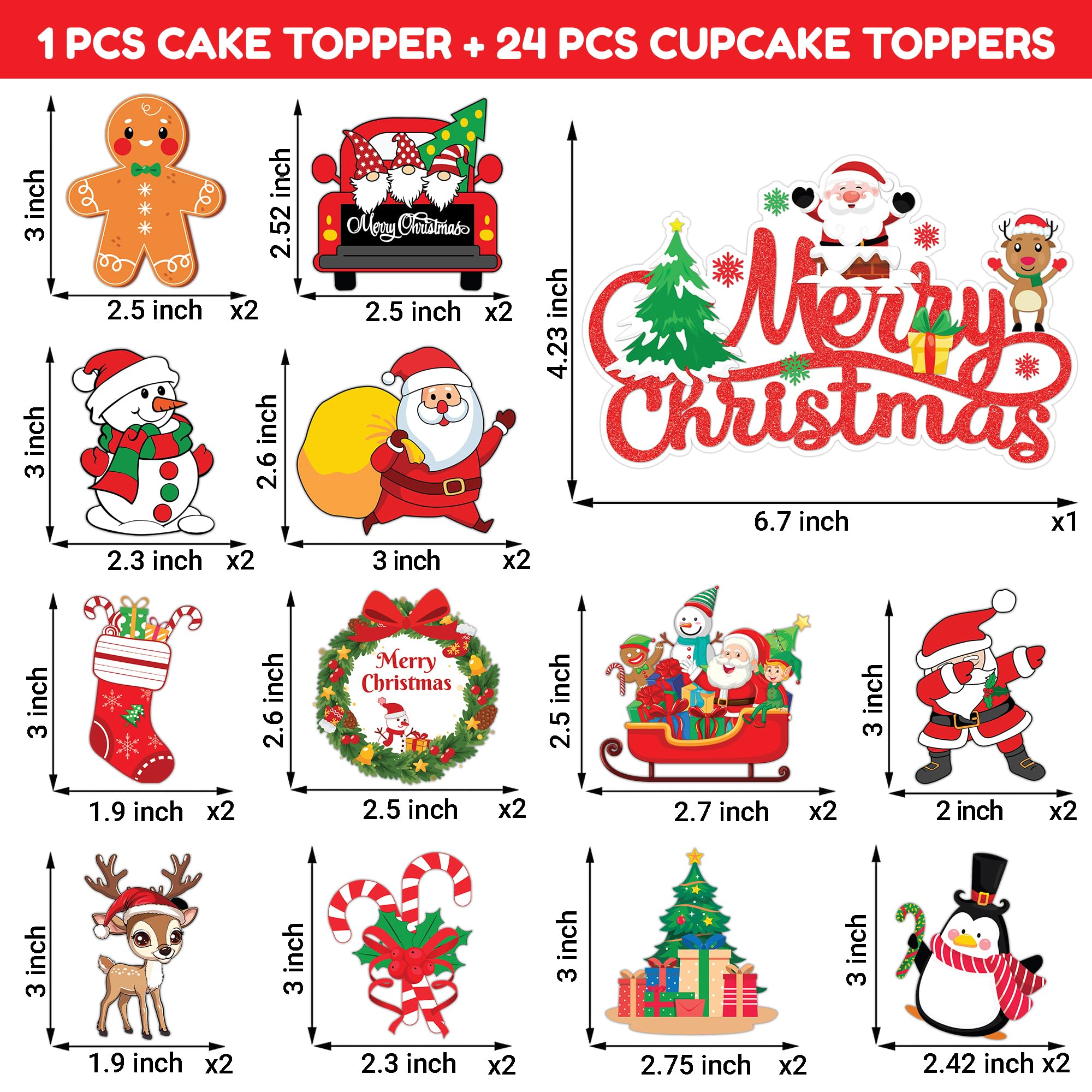 Merry Christmas Cake Topper Picks, 25PCS Xmas Snowflake Snowman Cupcake Toppers Cake Decorations Santa Claus Theme Birthday Party Supplies Favors Decor Centerpiece Table for Boys Girls Carnival Prizes