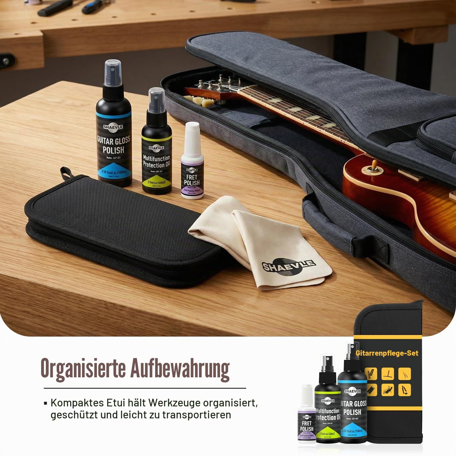Gitarrenreiniger & Reparatur Set - Pflegeöl, Glanzwachs, Bundpolitur, Gitarren-Werkzeuge, Reinigungstuch, Tasche - All IN ONE Reinigung und Setup für Guitar Bass Ukulele