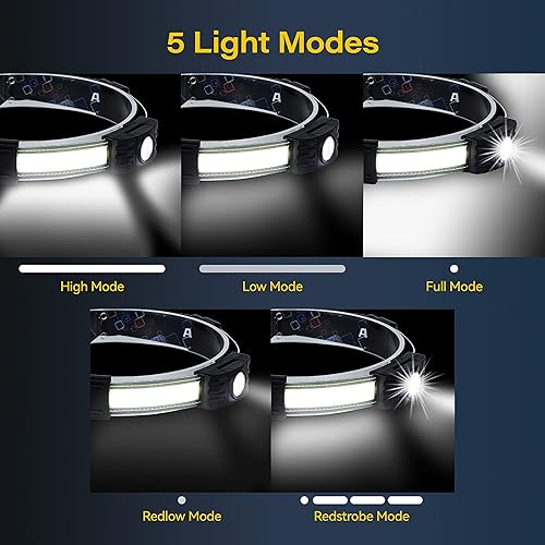 Miniatura 5 de Linterna frontal recargable, 2 unidades, lámpara de cabeza de haz ancho de 230, lámpara de cabeza LED recargable USB-C, 5 modos ajustables para