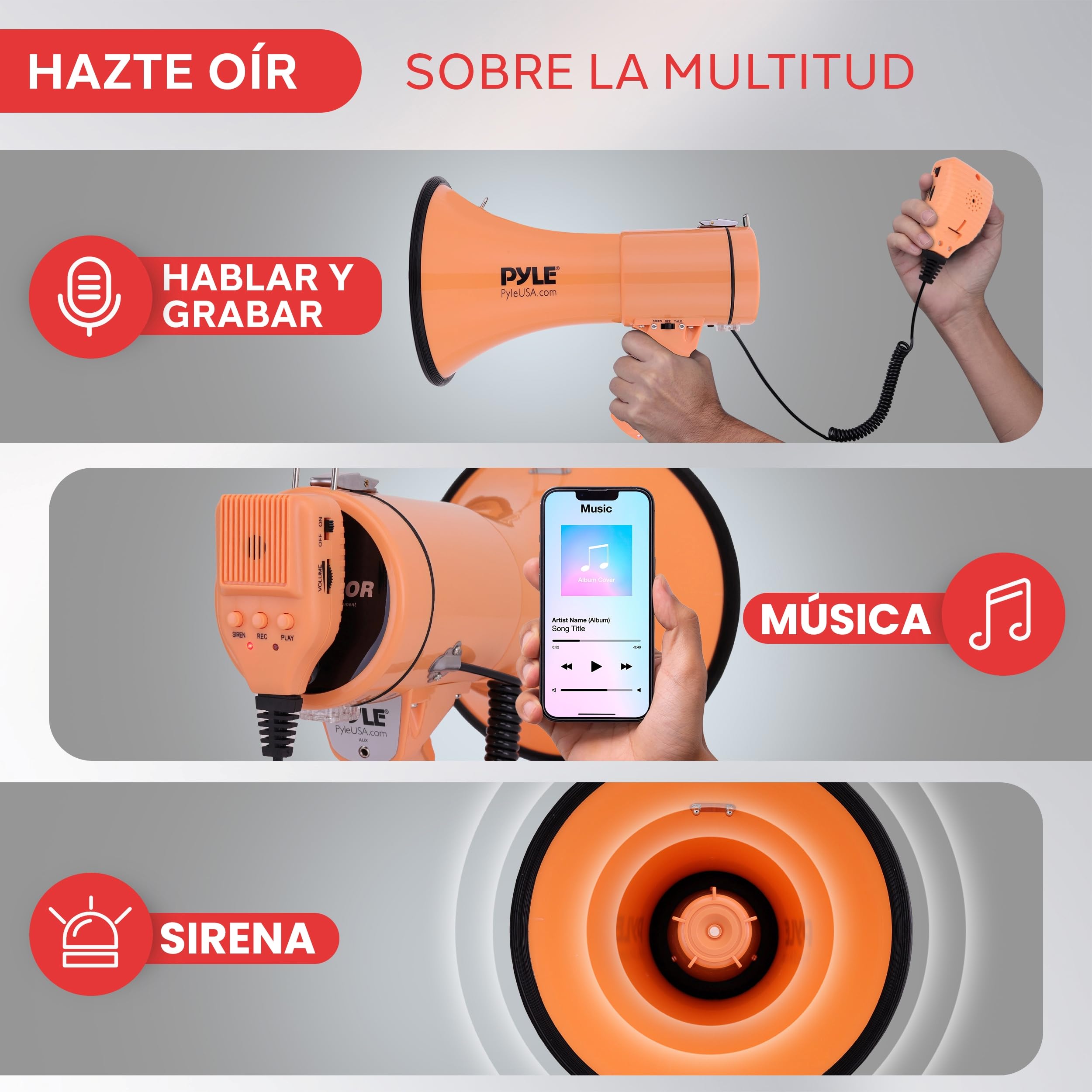 Pyle megafono, Altavoz, Portatil, 50V, Volumen Ajustable, Sirena, Correa para el Hombro, Entrada AUX, Compacto, Ideal para anuncios, Eventos, Deportes y mas