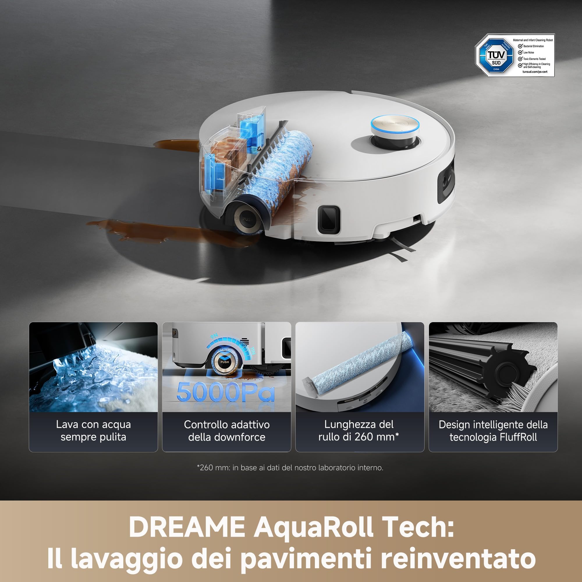 DREAME Aqua10 Ultra Roller Complete Robot Aspirapolvere, Autopulizia Rullo, Supera Ostacoli da 8cm, Auto-Svuotamento, Aspirazione 30.000 Pa, Evita Oltre 240 Oggetti, Controllo Vocale Intelligente