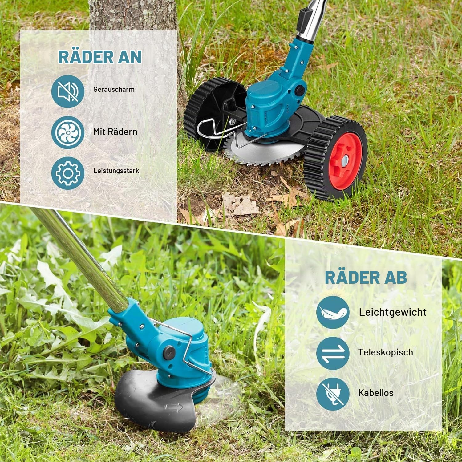Rasentrimmer mit akku Schnurloser Rasenmäher Gras Rasenkantenschneider mit 2000mAh Akku und 3 Schneidmessertypen Unkrautschneider Werkzeug für Garten und Hof Rasenmäher kantenschneider Rasen