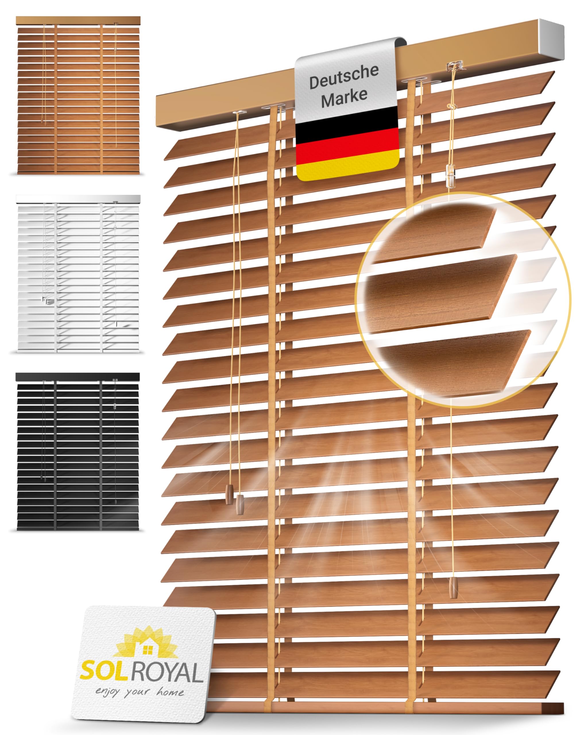 Sol Royal Holzjalousie 50 mm Lamellen – Extra breite Fensterjalousie in Eichenoptik, 75x250 cm