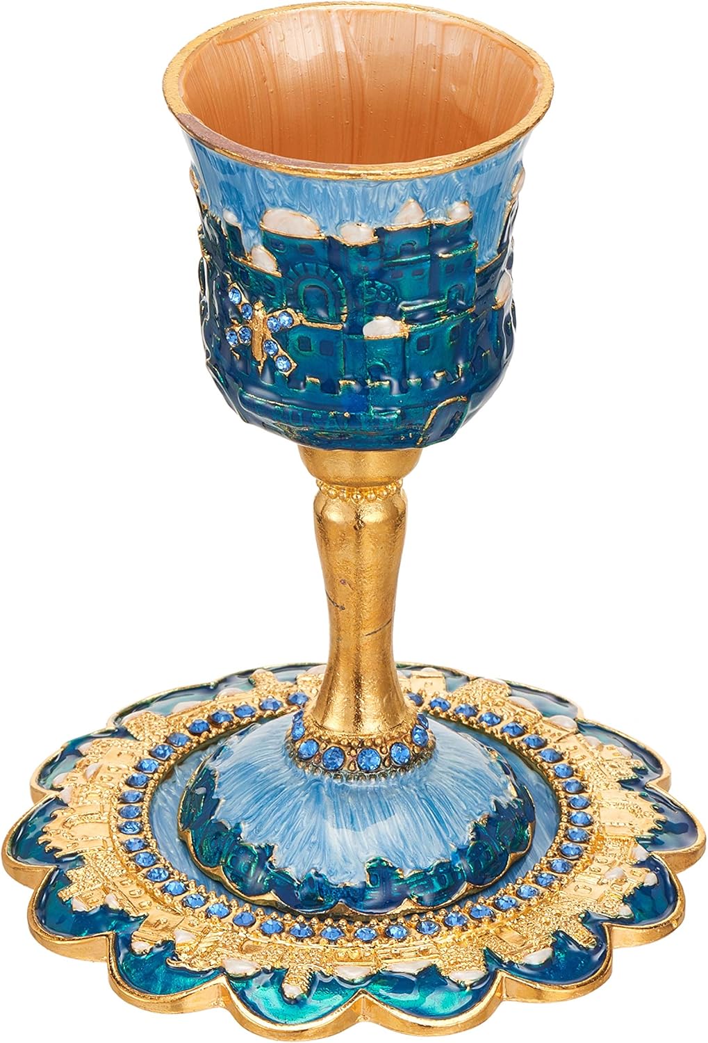 Matashi Hand-Painted Enamel Tall 5" Kiddush Cup Set with Stem and Tray Embellished with Crystals, Jerusalem Cityscape for Weddings Shabbat Havdalah Passover Goblet Judaica Gift