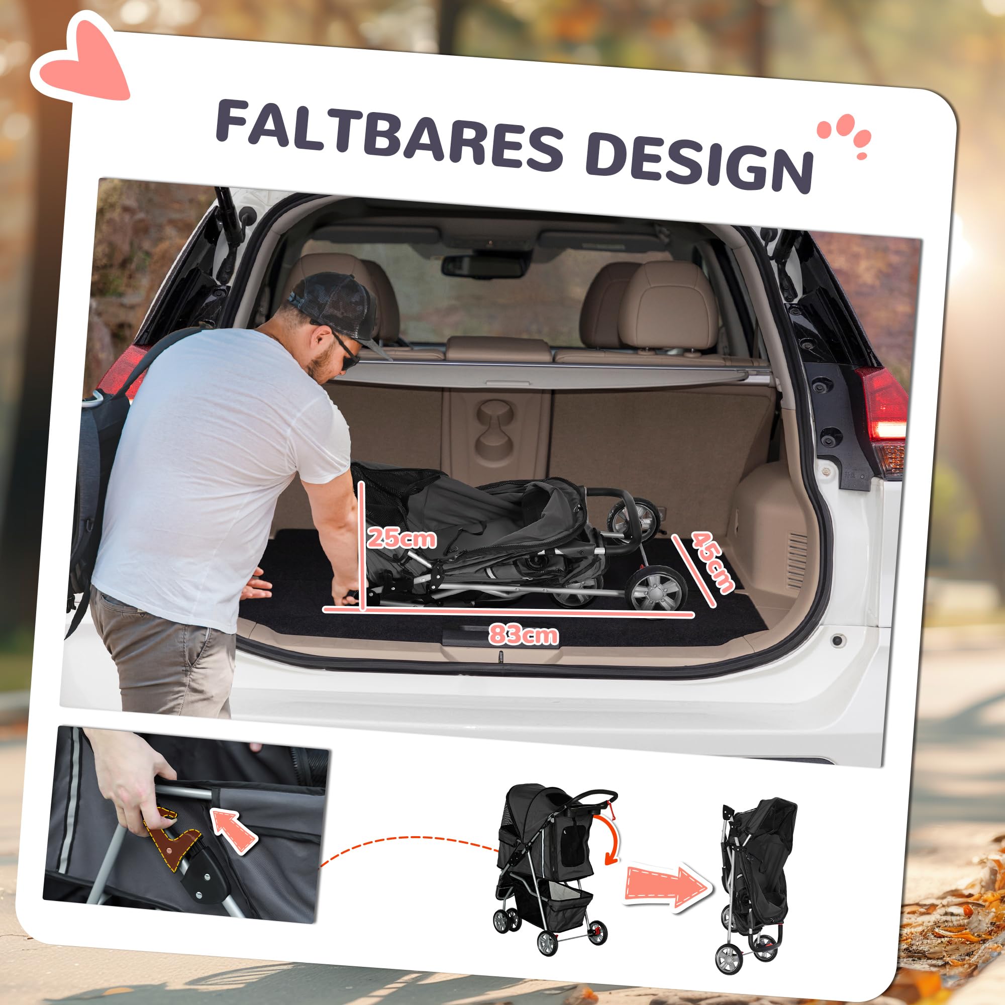 PawHut Hundewagen Hundebuggy klappbar für Hunde & Katzen bis 10 kg Katzenbuggy mit Kissen Netzfenstern Getränkehalter Aufbewahrungstasche Katzenwagen Buggy Dunkelgrau