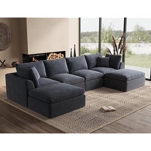 Oversized Cloud Sectional Couches for Living Room, Boneless U Shaped Couch with Ottoman, 4 Seater Modular Sectional Sofa, Dark Grey