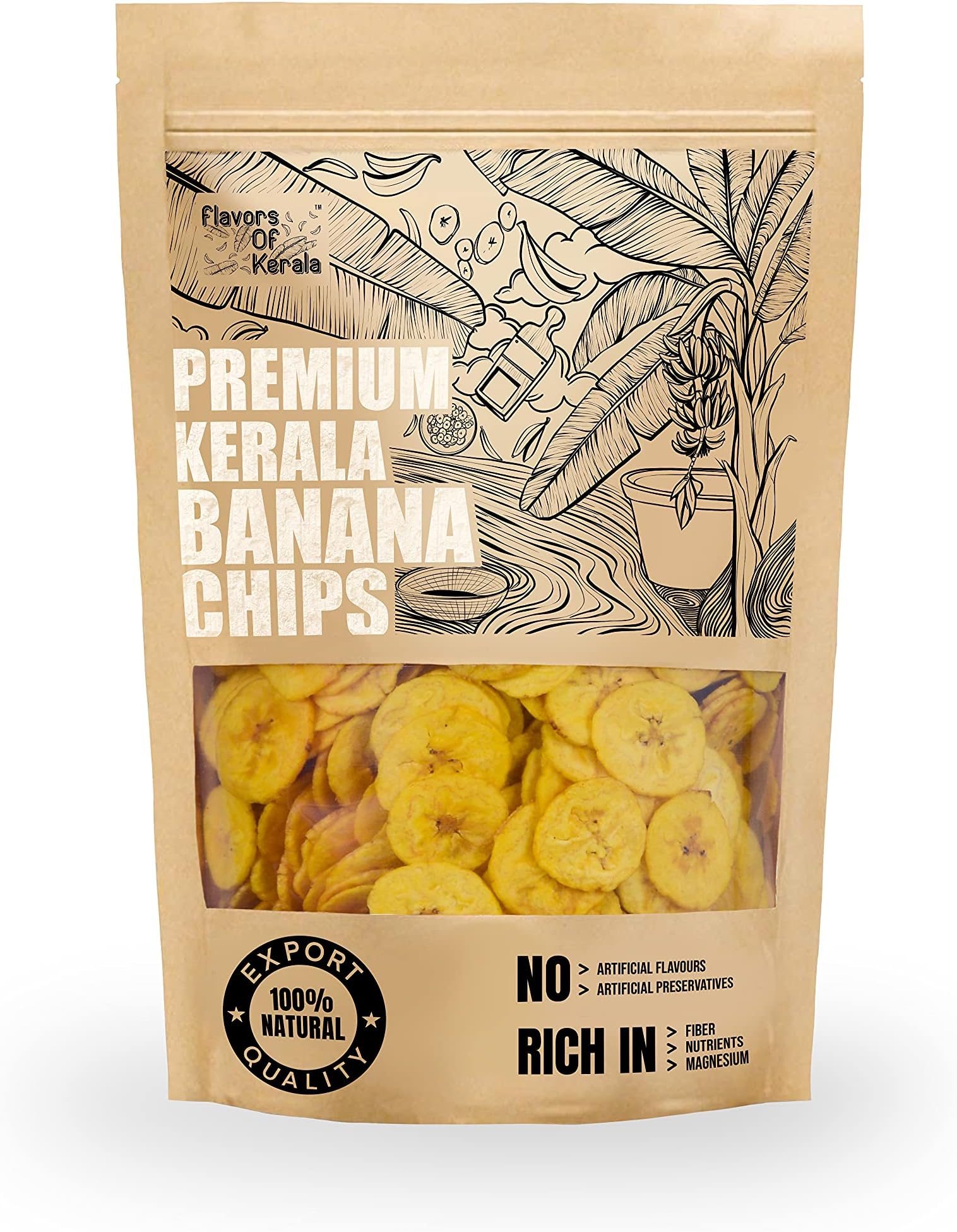 FLAVORS OF KERALA (FOK) | Premium Kerala Plantain Chips Wafers In Coconut Oil |Fresh, Thin, Crispy, Snack (600 Grams) 1.32 Pounds |