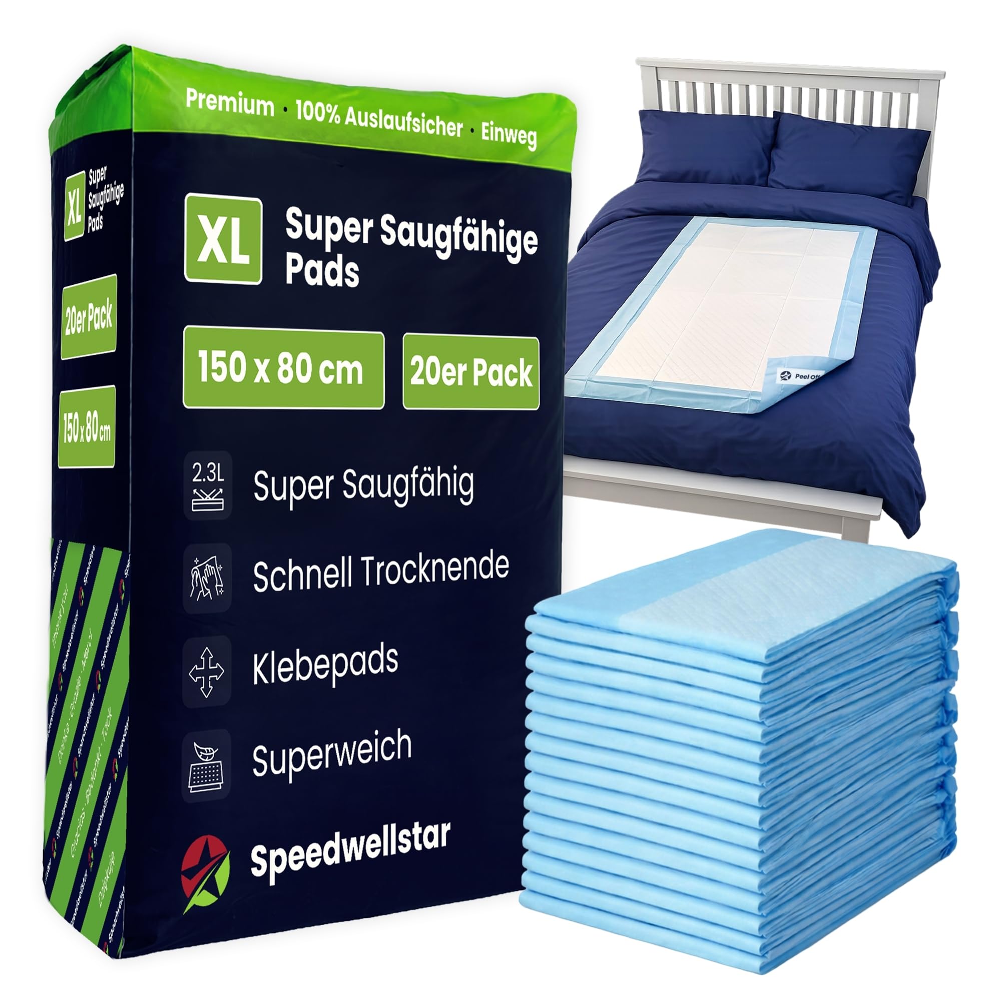 Inkontinenz-Bettenauflagen Wegwerfbar Extra Groß 150 x 80 cm | 20er-Pack | Super Absorbierend 2300 ml | Auslaufsicherer Wasserdichter Schutz für Einzel- oder Doppelbett | rutschfest Von Speedwellstar