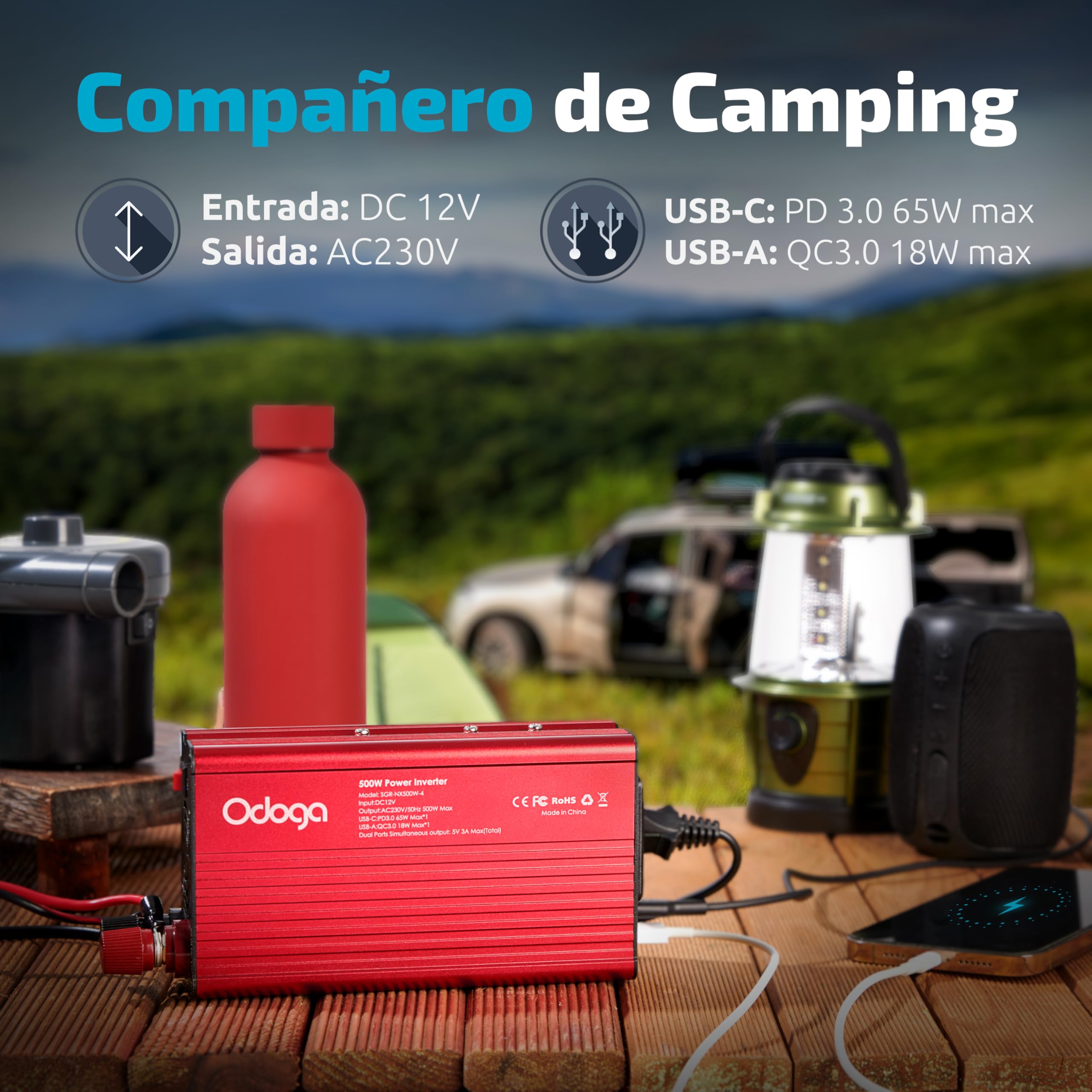 Odoga Inversor 12v 220v – Transformador 500W, Convertidor con Puertos USB-A y USB-C de 3A – Adaptador Mechero Coche a Enchufe – Cargue Sus Dispositivos en Autocaravanas, Camper Furgoneta y Coche — view 6