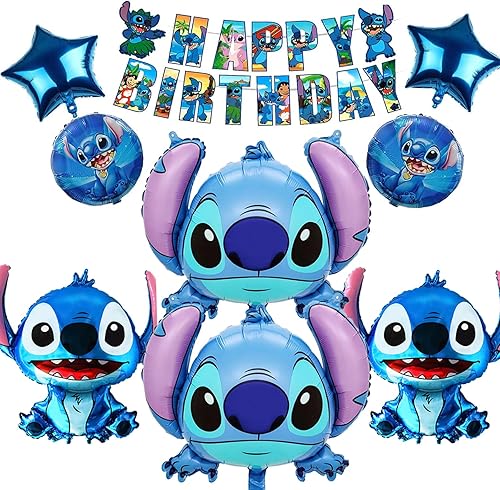 Paquete de 9 globos de puntada grandes de 33.8 x 31.5 pulgadas, suministros para fiesta de cumpleaños, globos azules de puntada de aluminio de