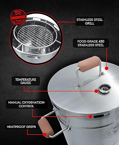 Miniatura 8 de El Barril Lite - Parrilla ahumadora de barril mediano, acero inoxidable 430, capacidad de 30 libras, 12 ganchos de carne, parrilla superior y