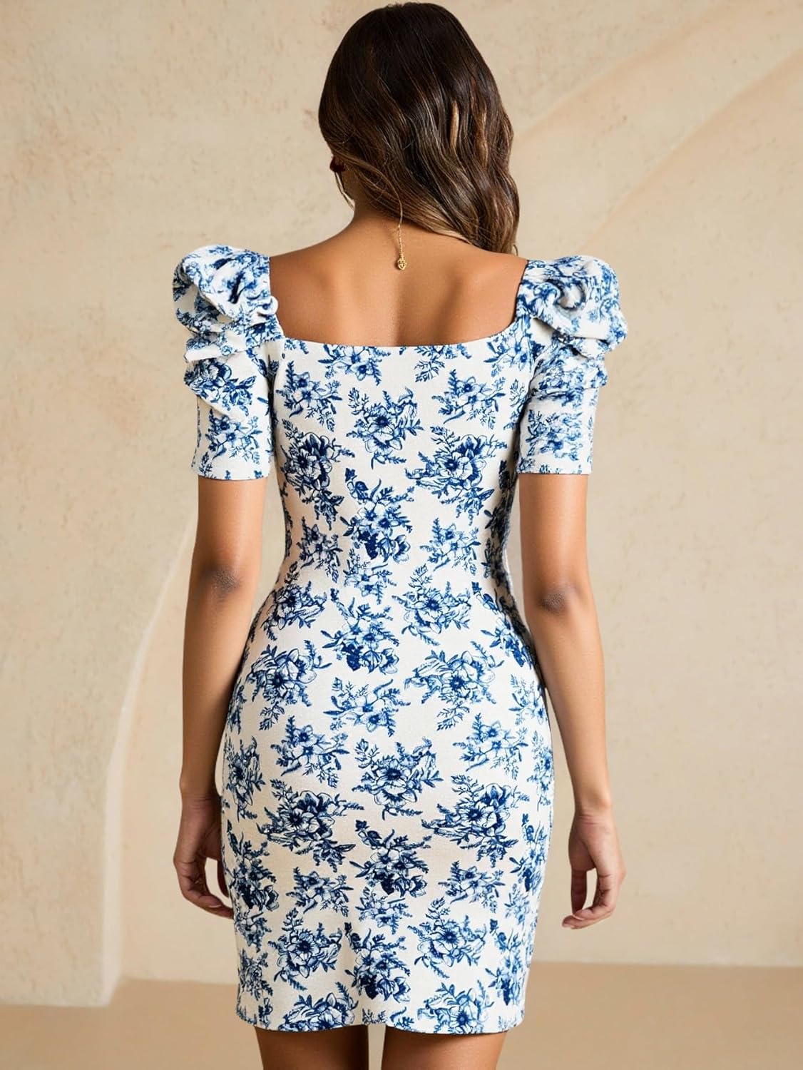 Women's Floral Puff Sleeve Dress Elegant Sweetheart Neckline Bodycon Cocktail Party Dresses - Image 2