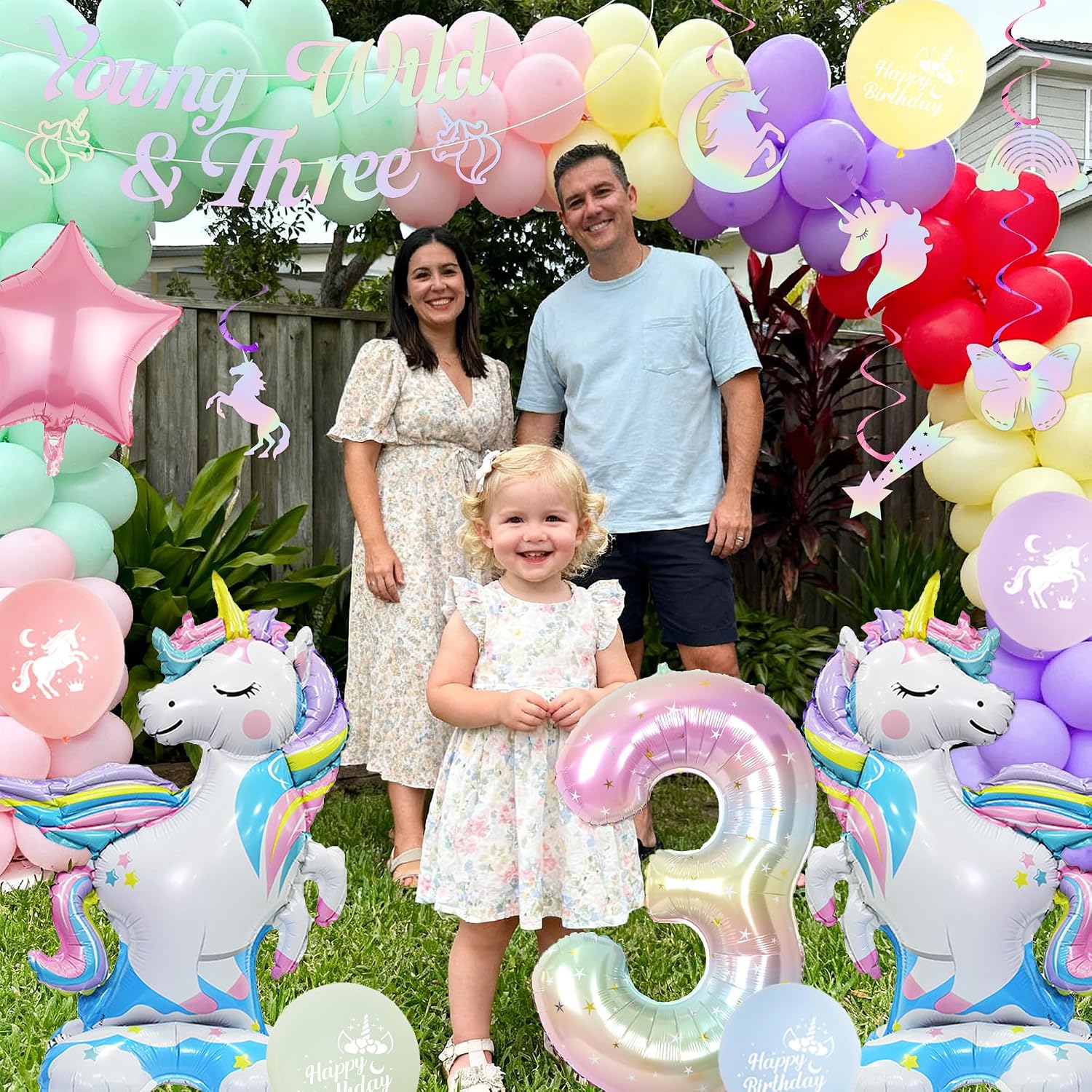 Unicorn 3rd Birthday Decorations for Girls - Pink Purple Unicorn Theme Birthday Party Supplies with Banner Hanging Swirls Balloons, Young Wild and Three Bday Decoration for 3 Years Old Girls Kids