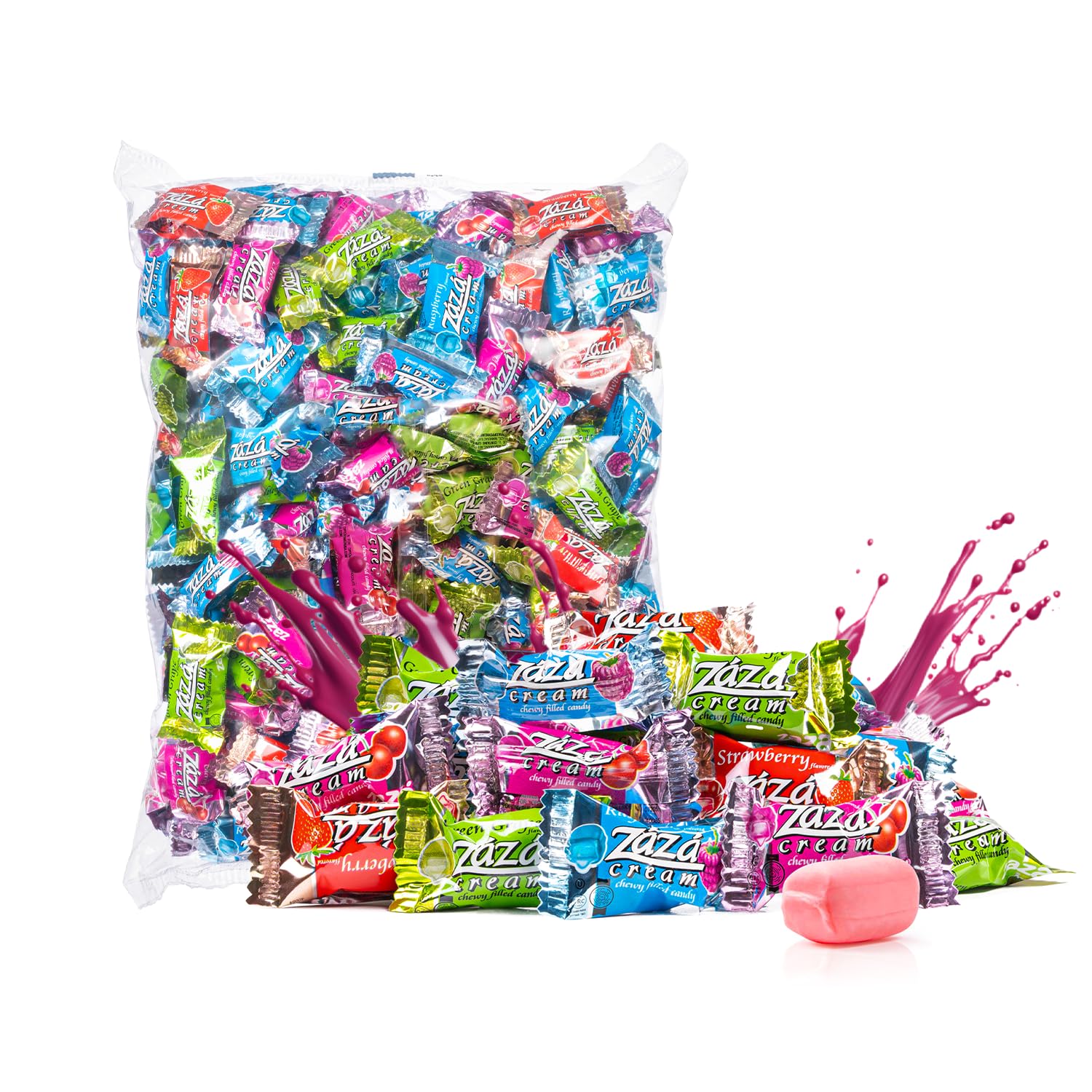 Zaza Cream Chewy Candy - Assorted Variety Pack - Bulk Individually Wrapped Fruit Mix Candy Variety Pack Grapes, Cherry, Lemon, and Strawberry Flavors