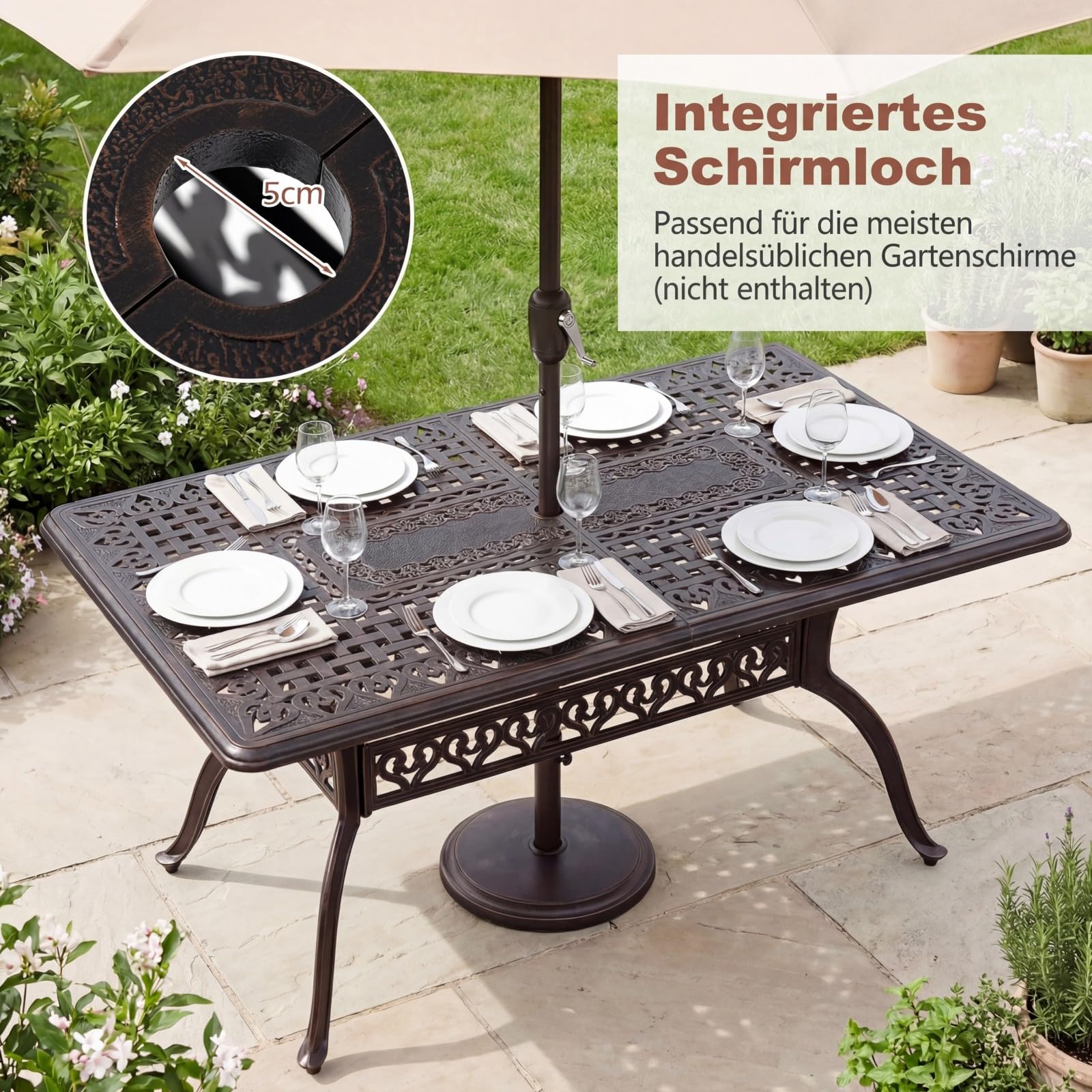 COSTWAY Gartentisch 150x90cm, wetterfester Terrassentisch mit Schirmloch aus Aluminiumguss, rechteckiger Balkontisch für 6 Personen, Esstisch für Garten, Balkon, Terrasse