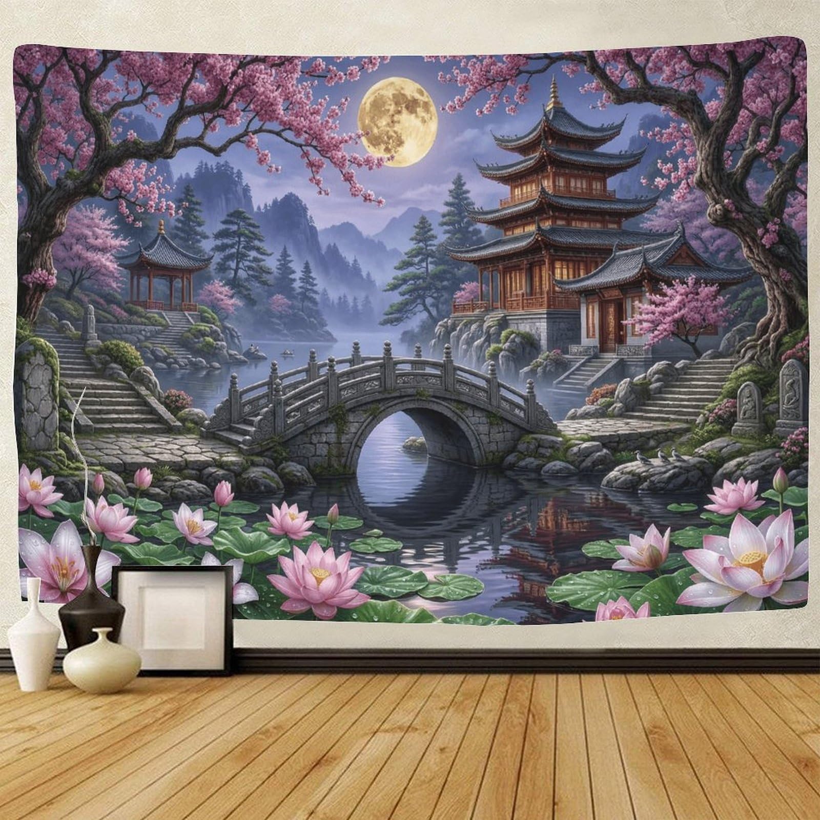 GPMNBCXZK Japanese Pagoda 3D Sakura Printed Wall Art Bedroom Living Room Decoration Wall Tapestry 100cmx150cm