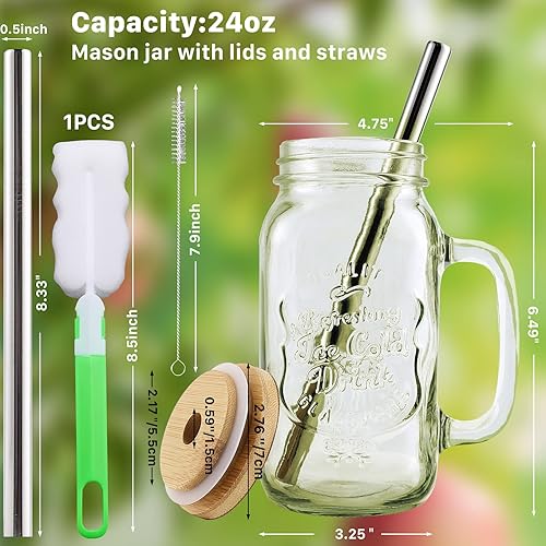 Miniatura 3 de Paquete de 4 tarros Mason de 24 onzas con asa, vasos reutilizables para beber, tarros Mason con tapas de bambú y popotes de acero inoxidable, vaso