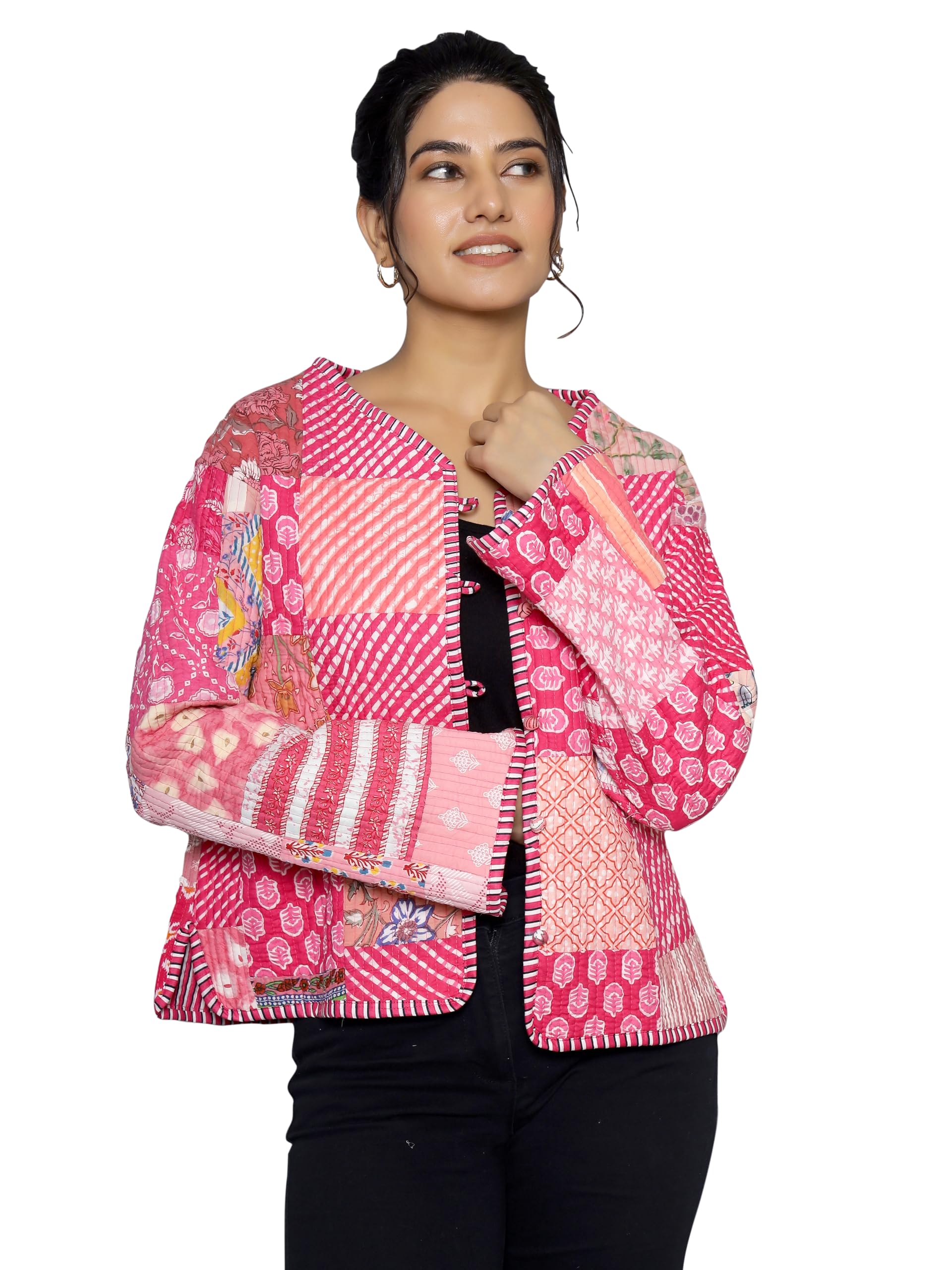 Global Desi Ravaiyaa - Attitude is everything Women's Export-Quality Indian Hip Length Traditional Jacket Reversible Machine Patchwork Quilted Cotton Coat (Large, Pink) in pink