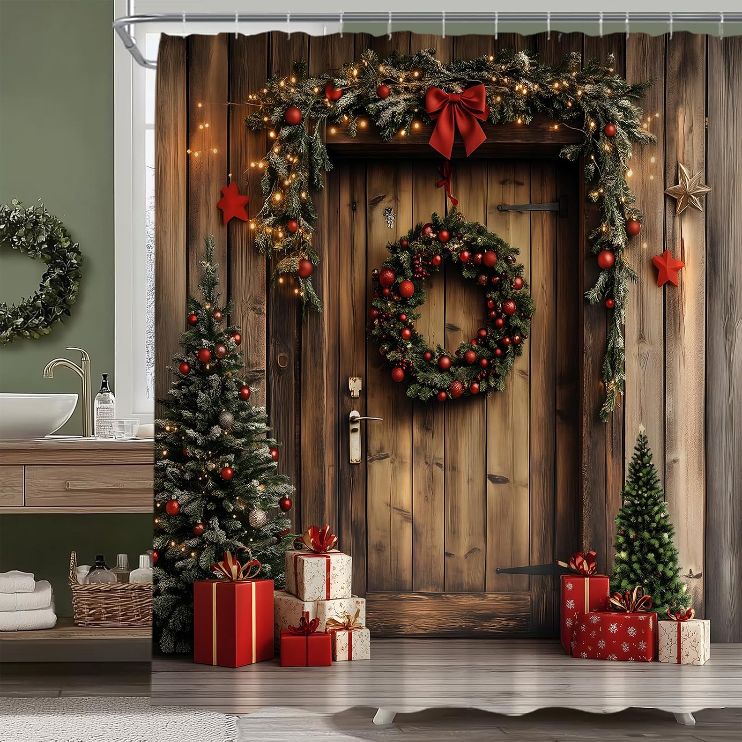 Farmhouse Christmas Shower Curtain Rustic Wood Barn Door Xmas Trees Country Winter Holiday Fabric Bathroom Decor Set with Hooks,(70" Wx74.8 H)